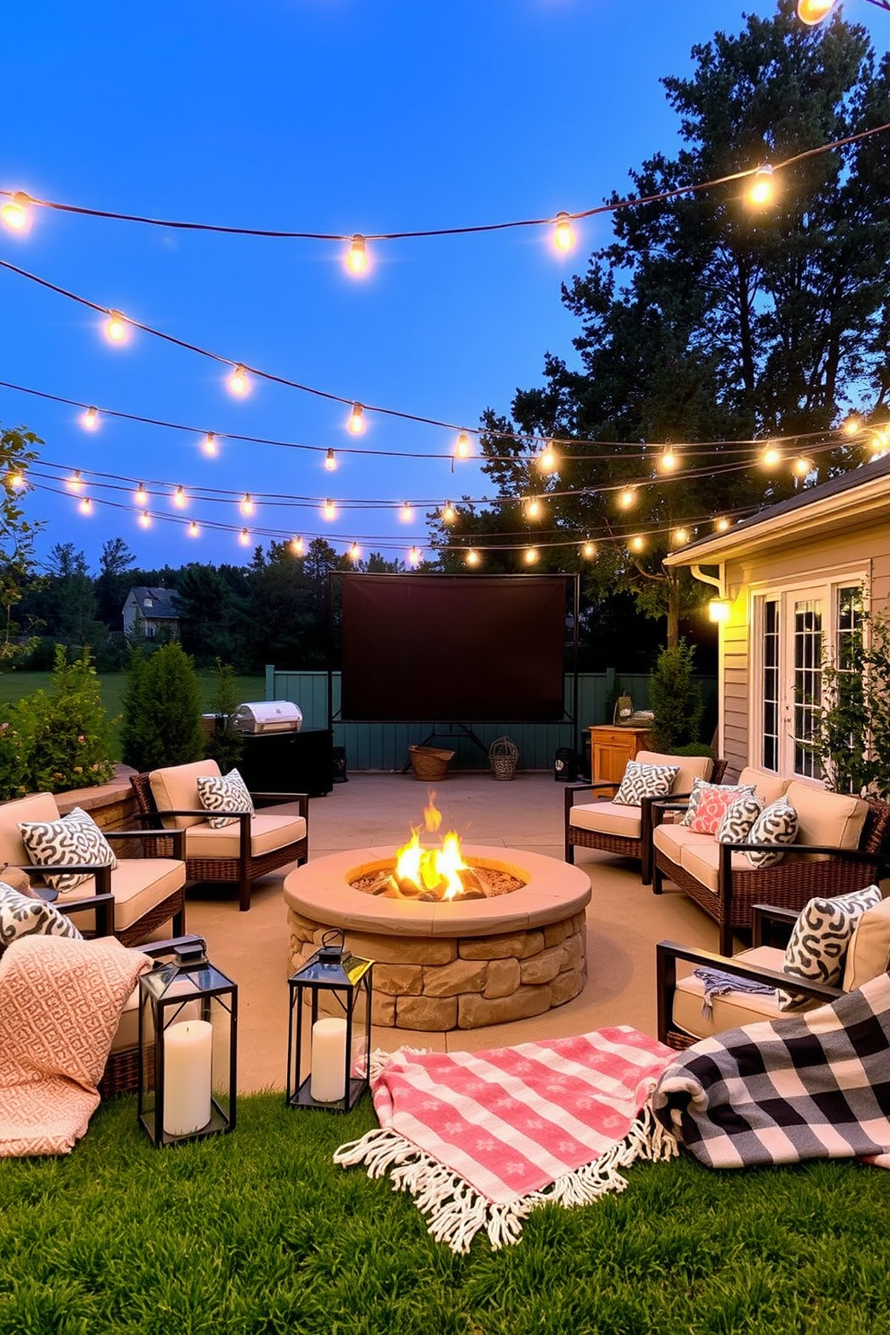 A cozy outdoor fire pit area designed for movie nights. Surrounding the fire pit are comfortable seating options with plush cushions, and soft string lights create a warm ambiance overhead. The space features a large outdoor screen positioned for optimal viewing. Decorative lanterns and blankets are thoughtfully arranged to enhance the inviting atmosphere during Memorial Day gatherings.