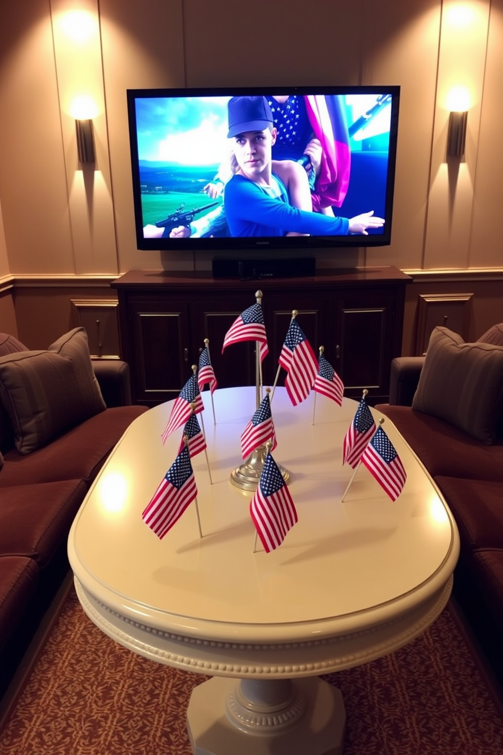 A cozy home theater setting for Memorial Day. The table is adorned with miniature American flags, creating a festive atmosphere for the celebration. Soft lighting enhances the warm tones of the room. Plush seating surrounds the table, inviting guests to relax and enjoy the movie.