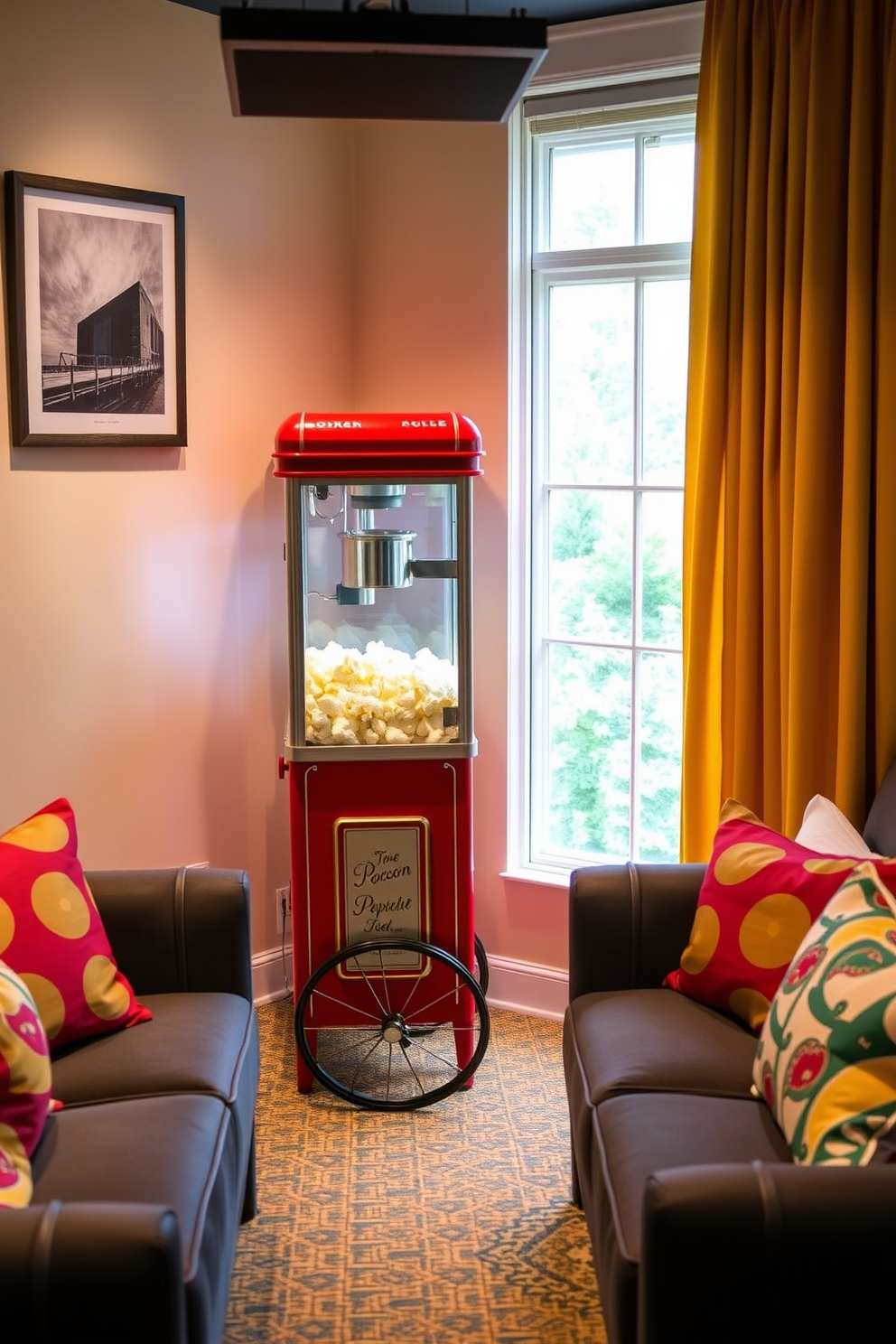 A vibrant home theater featuring a decorative popcorn machine as the centerpiece. The machine is bright red with vintage styling, surrounded by cozy seating and colorful throw pillows.