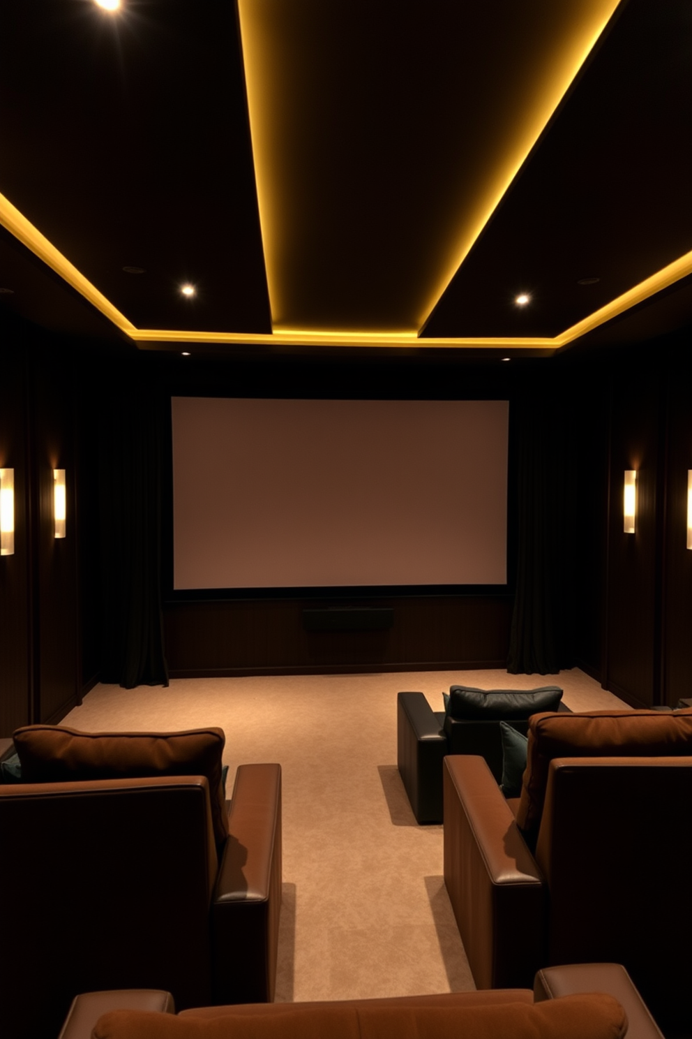 A cozy home theater setting with mood lighting creating an inviting atmosphere. Dimmable fixtures are strategically placed to enhance the viewing experience, casting a warm glow across the room. The walls are adorned with dark acoustic panels to optimize sound quality, while plush seating offers comfort for movie nights. A large screen is the focal point, framed by elegant curtains that complement the overall decor.