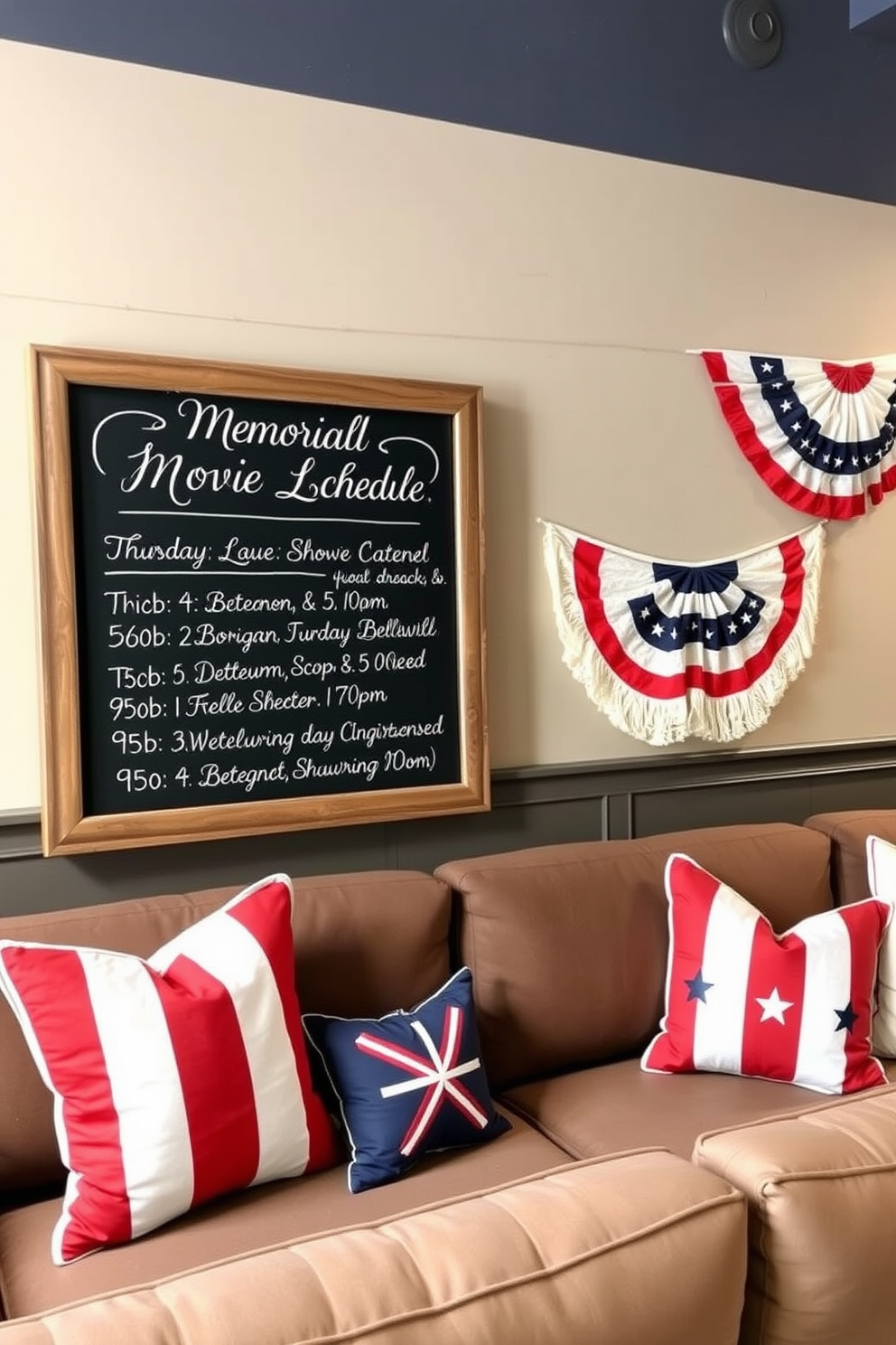 Chalkboard sign for movie schedule in a cozy home theater. The sign is framed in rustic wood and features elegant handwritten lettering that lists the movie titles and showtimes. Memorial Day home theater decorating ideas include red white and blue themed accents. Plush seating is adorned with patriotic throw pillows and a decorative banner hangs across the back wall.