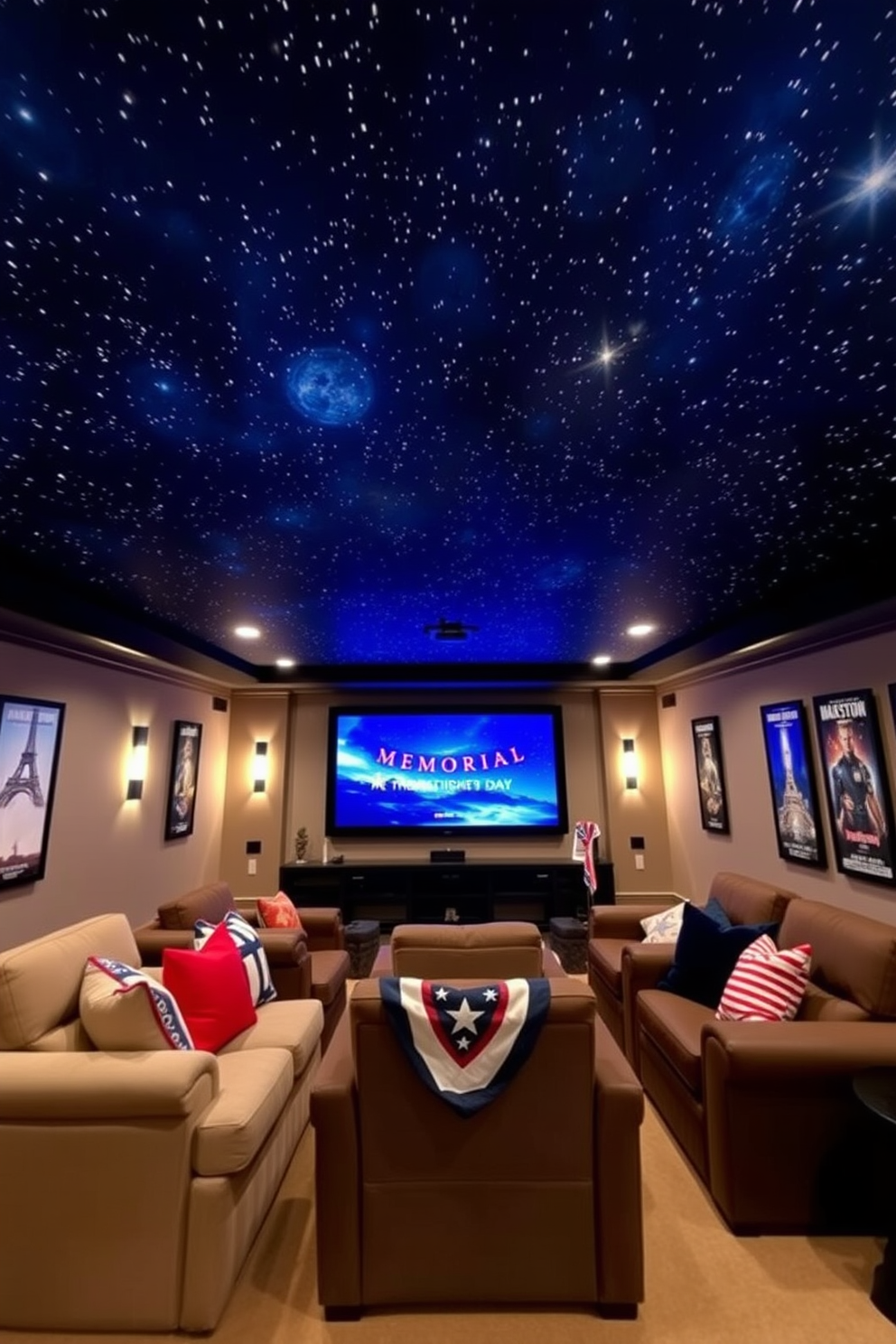 A stunning home theater featuring a starry night ceiling mural that creates a captivating atmosphere. Plush seating arranged in a semi-circle faces a large screen, with soft ambient lighting enhancing the overall experience. Decorative elements include patriotic accents to celebrate Memorial Day, such as red, white, and blue throw pillows and a themed banner. The walls are adorned with framed movie posters, adding a personal touch to the space.