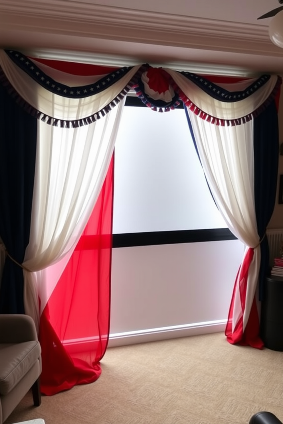 A cozy home theater adorned with red white and blue themed curtains. The curtains elegantly frame a large screen, creating a festive atmosphere perfect for Memorial Day celebrations.