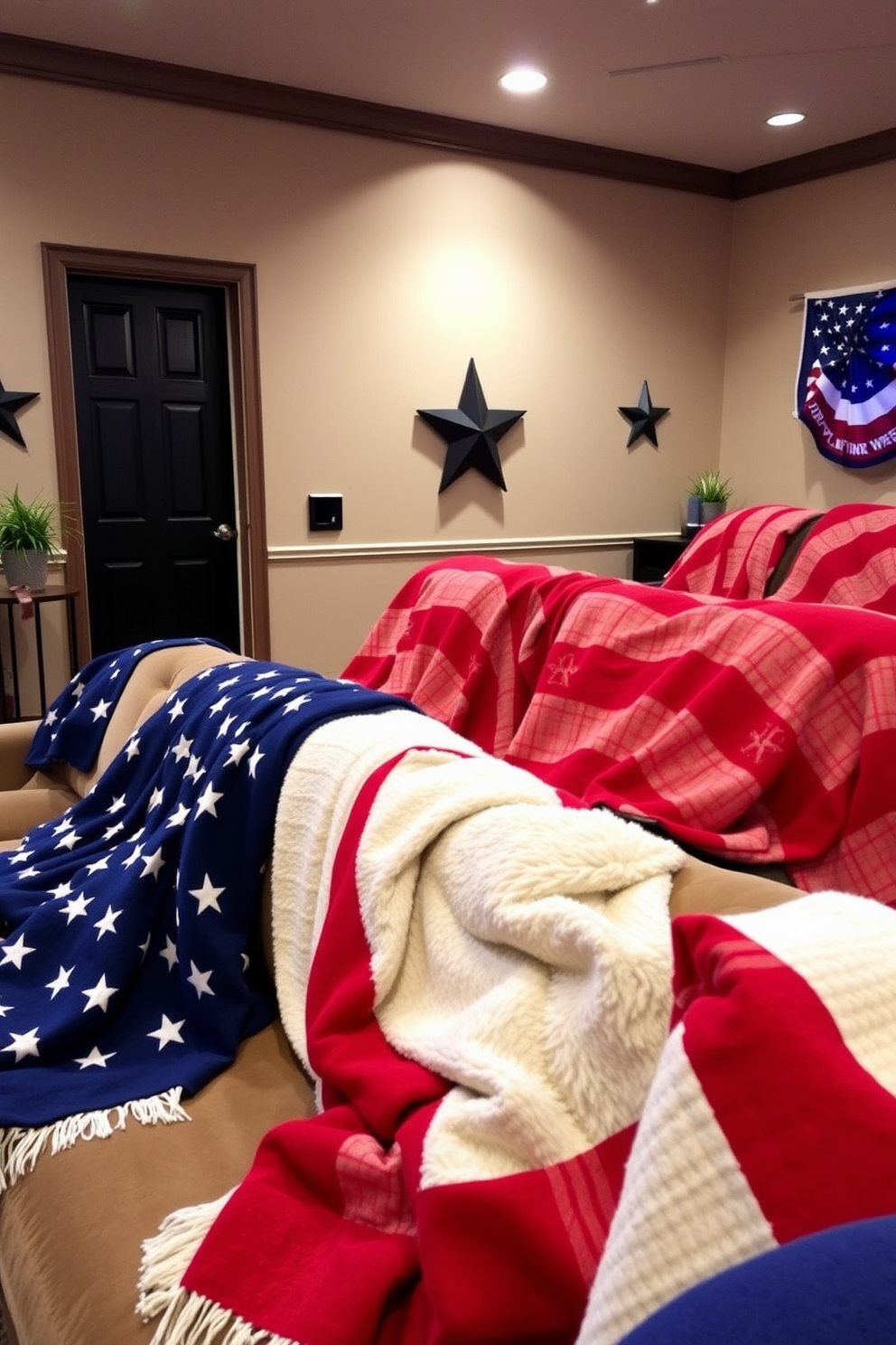 A cozy home theater decorated for Memorial Day features comfortable blankets in red, white, and blue draped over plush seating. The walls are adorned with subtle patriotic accents, and soft lighting creates a warm and inviting atmosphere.