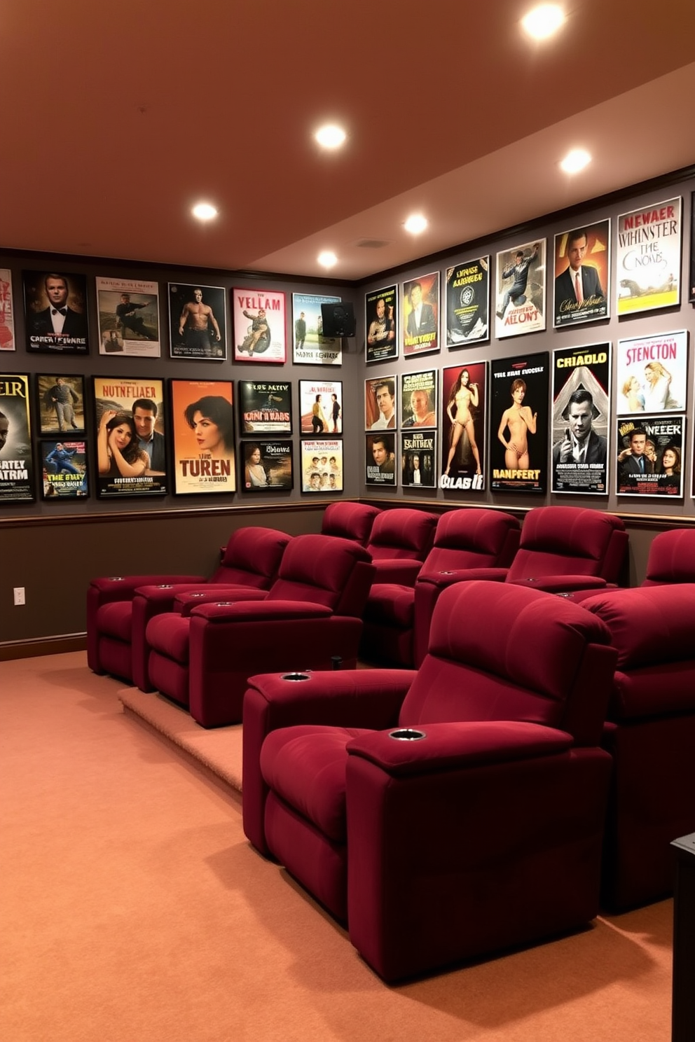 A cozy home theater adorned with vintage movie posters lining the walls. The seating area features plush, oversized recliners in rich burgundy fabric, creating an inviting atmosphere for movie nights.