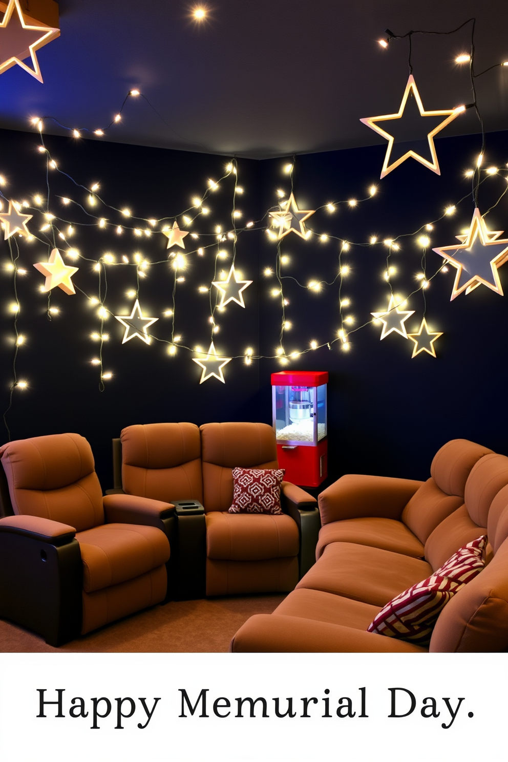 A cozy home theater setting adorned with star-shaped fairy lights creating a warm and inviting ambiance. The lights twinkle softly against the backdrop of rich navy blue walls, enhancing the cinematic experience. Comfortable seating is arranged in a semi-circle, featuring plush recliners and a large sectional sofa. A popcorn machine stands nearby, adding a nostalgic touch to the Memorial Day celebration.