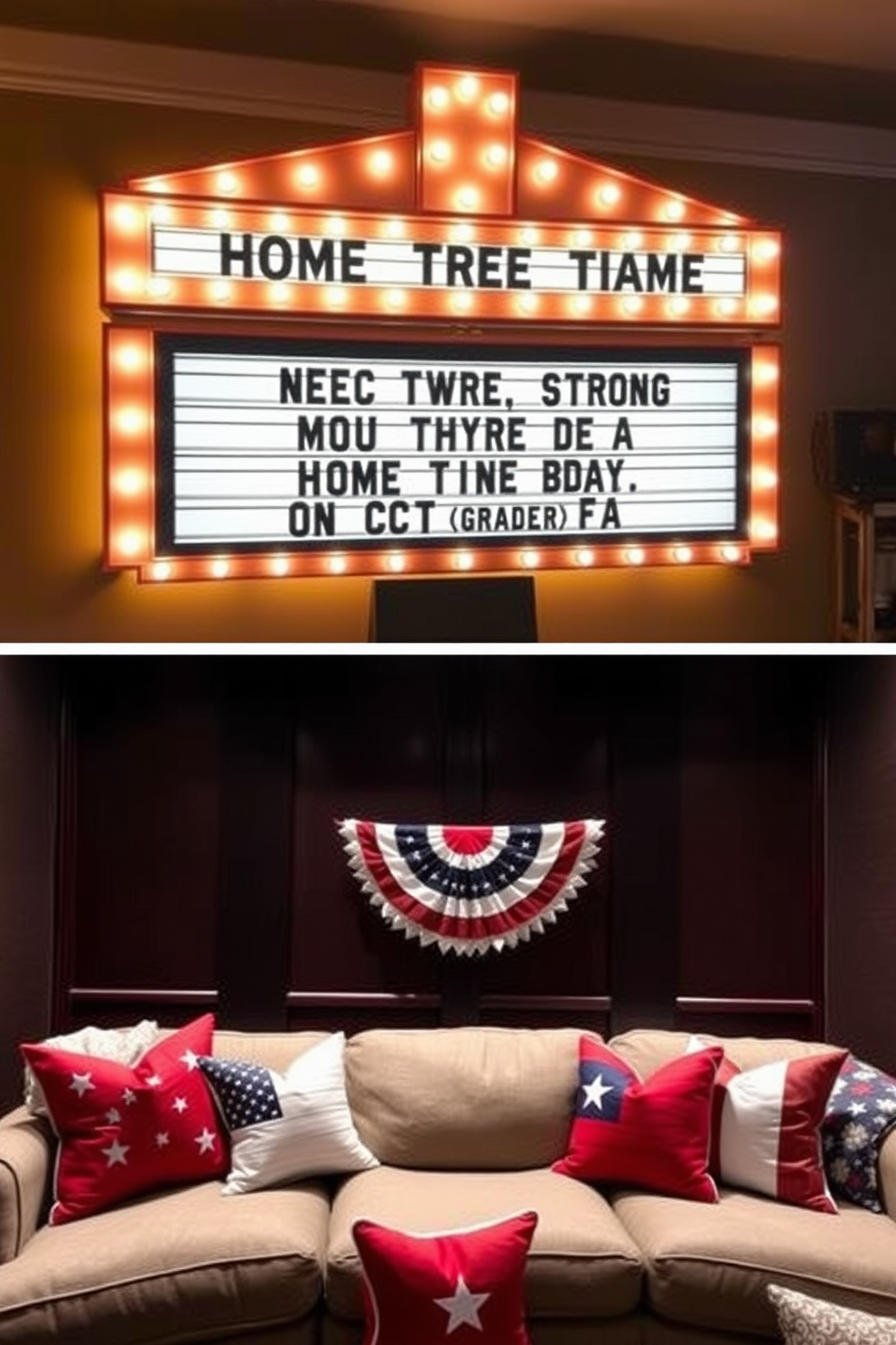 A custom home theater marquee sign displaying a personalized message welcomes guests into a luxurious entertainment space. The sign is illuminated with warm LED lights, creating an inviting atmosphere that sets the tone for movie nights. Memorial Day home theater decorating ideas feature patriotic colors and themed decor that celebrate the holiday. Plush seating is arranged for optimal viewing, adorned with red, white, and blue throw pillows to enhance the festive ambiance.