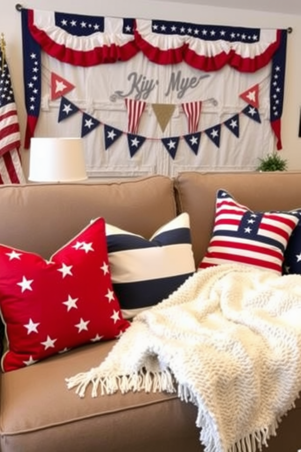 Themed throw pillows for seating in a cozy living room. The pillows feature red white and blue patterns with stars and stripes creating a festive atmosphere. Memorial Day home theater decorating ideas for a patriotic movie night. Incorporate themed decor such as flags and bunting while using comfortable seating with matching throw blankets.