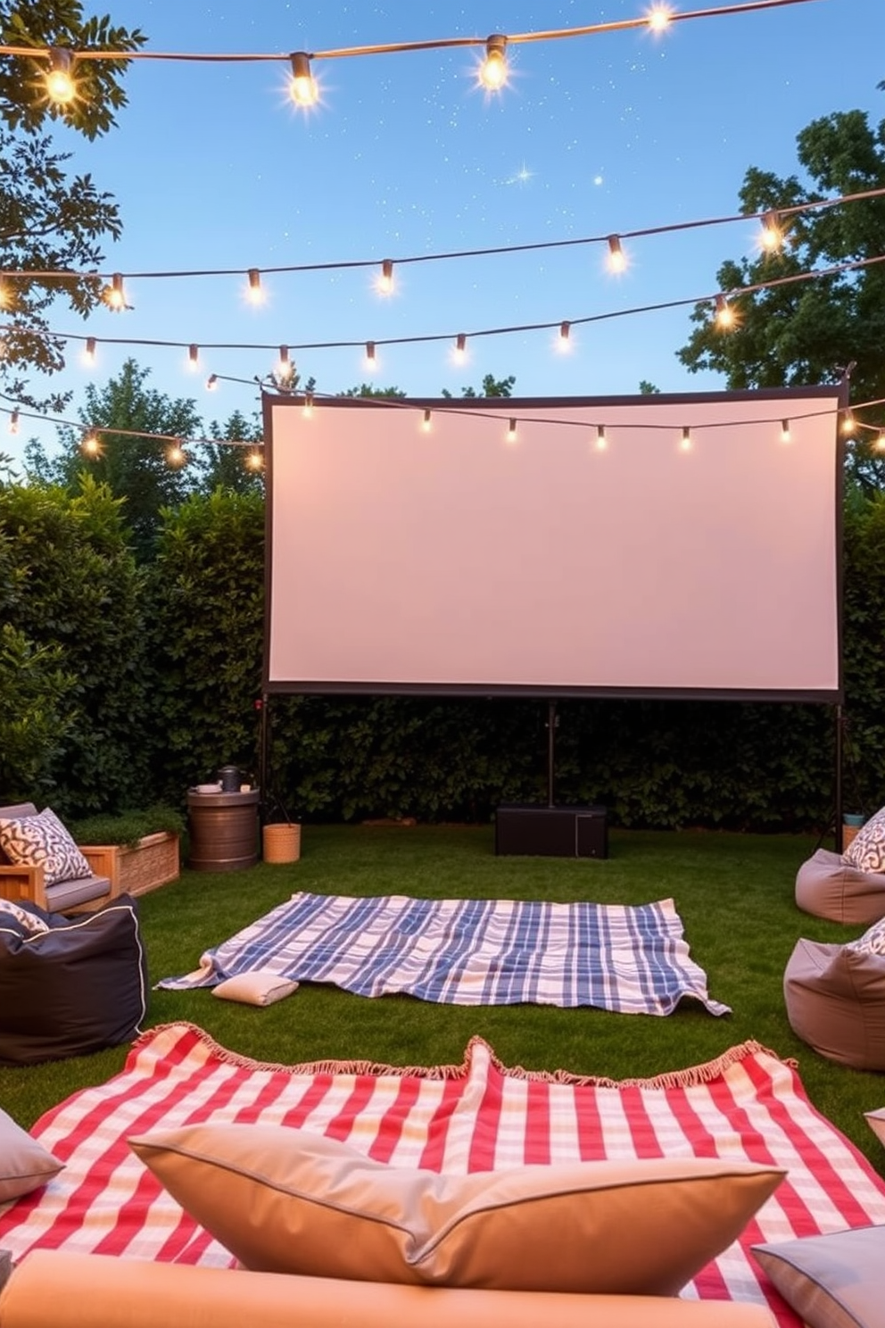 An inviting outdoor movie setup features a large white screen set against a backdrop of lush greenery. Cozy blankets are spread across the grass, inviting guests to relax under the stars while enjoying a classic film. Twinkling string lights are draped overhead, creating a warm and festive atmosphere. Comfortable seating options, such as oversized cushions and bean bags, enhance the home theater experience for a memorable Memorial Day celebration.