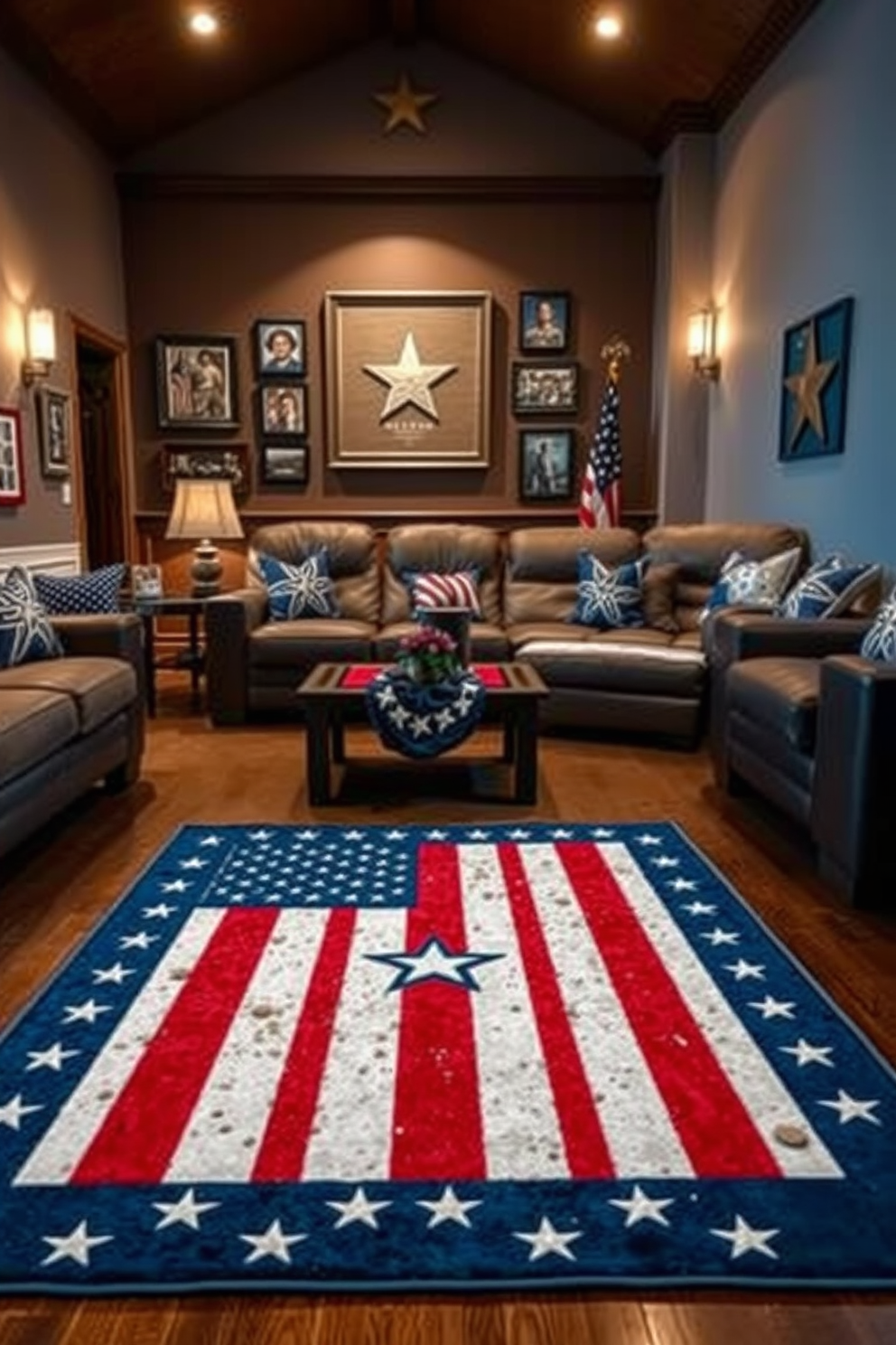 A patriotic area rug is laid on the floor, featuring a bold design with red, white, and blue colors that evoke a sense of pride. The rug complements the surrounding decor, which includes comfortable seating and themed accents that celebrate Memorial Day. In the home theater, plush seating is arranged for optimal viewing, with soft lighting creating a cozy atmosphere. Decorative elements such as framed military memorabilia and themed cushions enhance the patriotic spirit of the space.