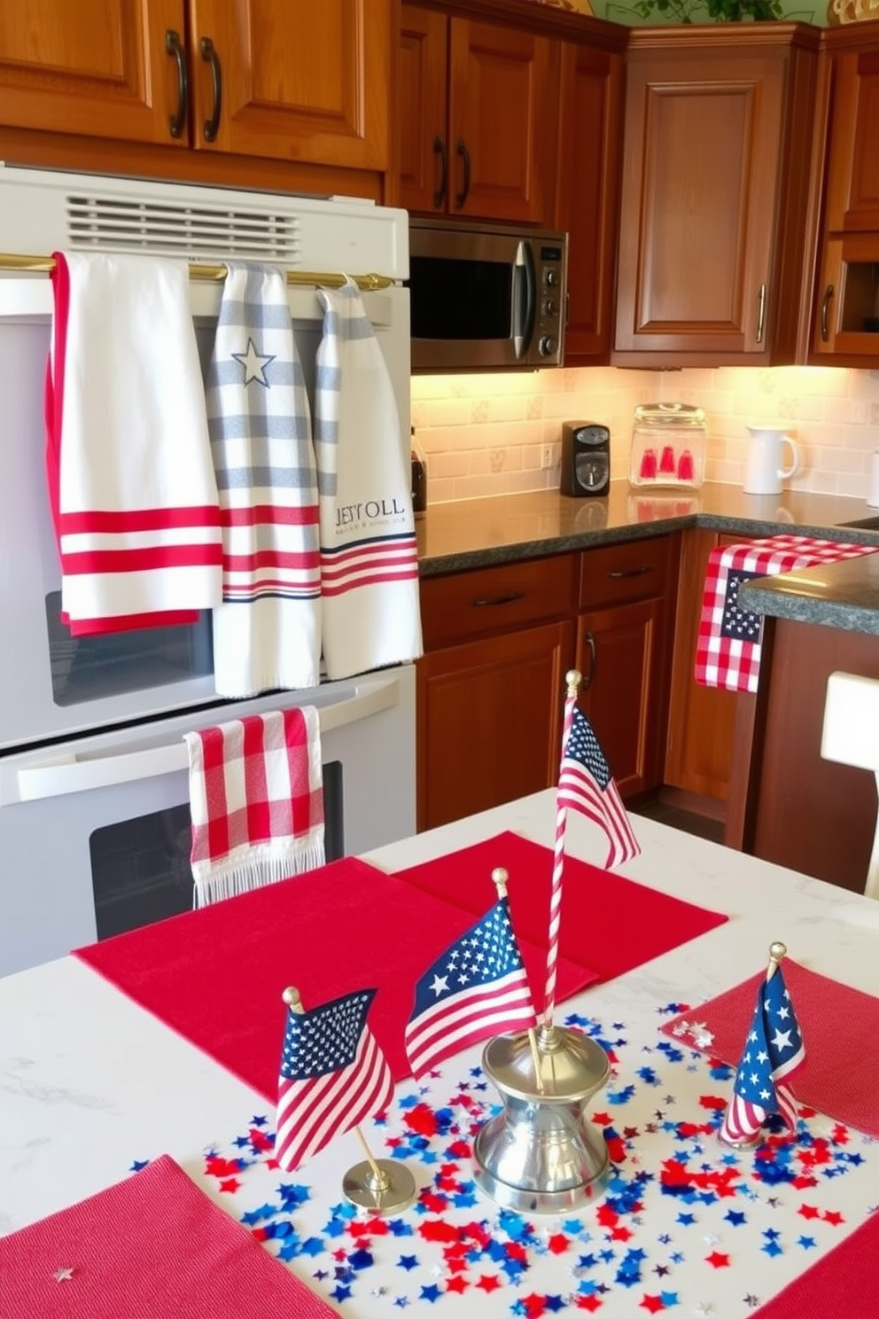 A cozy kitchen adorned with patriotic-themed towels. The towels feature red, white, and blue stripes, stars, and checkered patterns, hanging neatly from the oven handle and the kitchen island. A festive kitchen setup for Memorial Day celebrations. The countertops are decorated with red, white, and blue table runners, while miniature American flags and star-shaped confetti adorn the dining table.