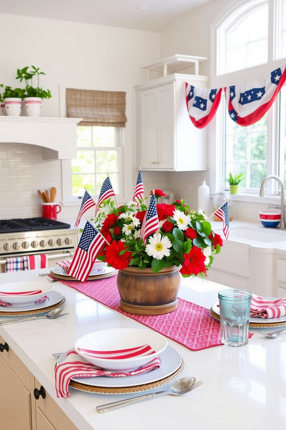 A vibrant kitchen decorated for Memorial Day. Small potted herbs with miniature American flags are placed on the windowsill, adding a touch of greenery and patriotism. The kitchen island features a centerpiece with a red, white, and blue floral arrangement in a rustic vase. Festive dishware and linens in patriotic colors are neatly arranged, and a banner of stars and stripes hangs above the stove.