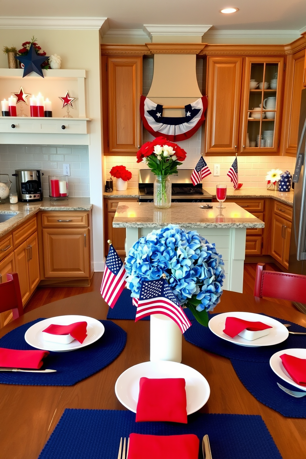 A cozy kitchen decorated for Memorial Day. The countertops are adorned with red, white, and blue candles arranged in star-shaped holders, with small American flags placed in between. Above the stove, a festive banner with patriotic colors hangs, and a vase filled with red and white flowers sits on the kitchen island. The dining table is set with navy blue placemats, white plates, and red napkins, with a centerpiece of a white candle surrounded by mini American flags and blue hydrangeas.