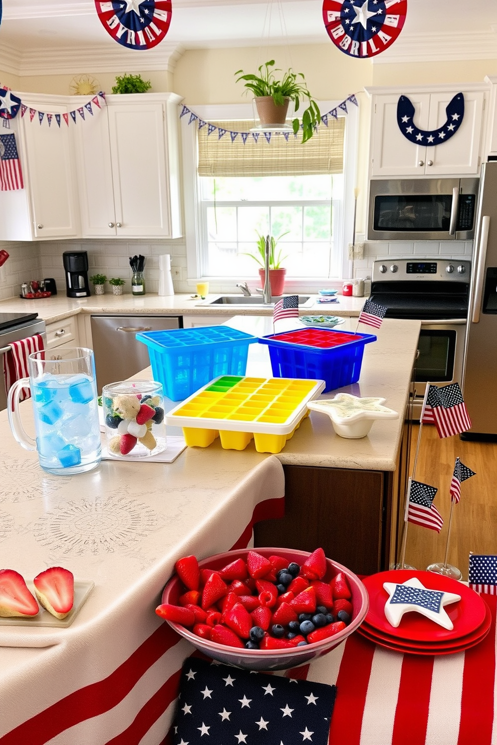 A vibrant kitchen scene. On the countertop, a collection of colorful ice cube trays is neatly arranged, each one filled with vividly hued ice cubes in shades of blue, red, yellow, and green. Next to the trays, a clear glass pitcher filled with iced water showcases the colorful cubes, adding a playful touch to the kitchen decor. The surrounding kitchen features modern appliances and a light, airy ambiance, with potted herbs on the windowsill adding a fresh, green accent. A festive kitchen setup for Memorial Day. The space is adorned with red, white, and blue decorations, including a patriotic tablecloth draped over the kitchen island and matching napkins and plates set out for guests. Bunting and small American flags are strategically placed around the room, creating a celebratory atmosphere. On the countertop, a bowl of fresh strawberries and blueberries complements the theme, while a star-shaped cake sits proudly as the centerpiece.