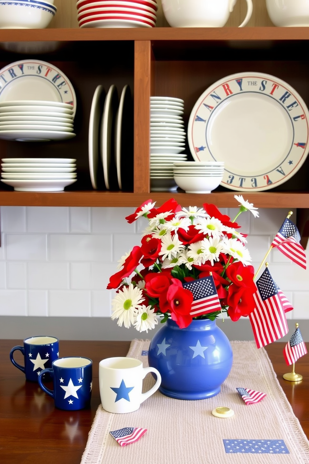 A kitchen shelf adorned with patriotic-themed dishware. Plates with red, white, and blue stripes are neatly stacked, and mugs featuring stars and American flags are arranged in front. For Memorial Day kitchen decorating ideas, consider a centerpiece of red poppies and white daisies in a blue vase. Add a table runner with a flag motif and scatter small American flags throughout the space for a festive touch.