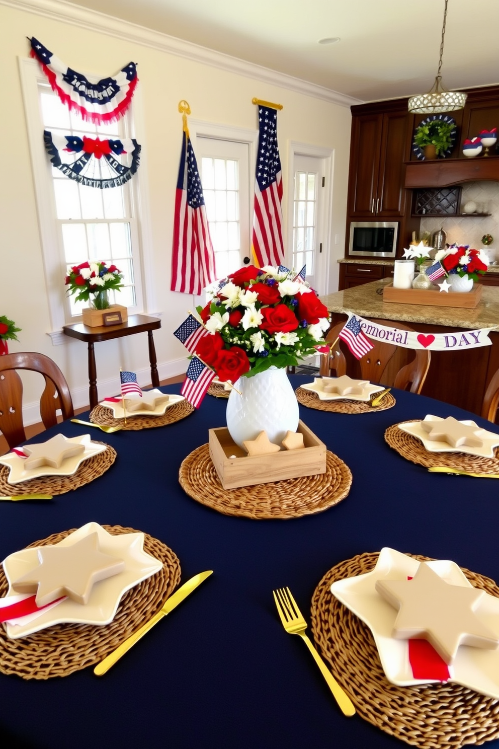 A charming table setting featuring star-shaped plates. The table is adorned with a navy blue tablecloth and golden cutlery, with each plate centered on a woven placemat. In the middle of the table, a white ceramic vase holds a bouquet of red, white, and blue flowers. Small American flags are placed in each floral arrangement, and white napkins with red borders are neatly folded beside each plate. A festive Memorial Day kitchen decorated in patriotic colors. Red, white, and blue bunting hangs above the windows, and a large American flag is displayed on one wall. The kitchen island is decorated with a centerpiece of red, white, and blue flowers in a rustic wooden box. Star-shaped cookies are arranged on a tiered tray, and a banner reading 