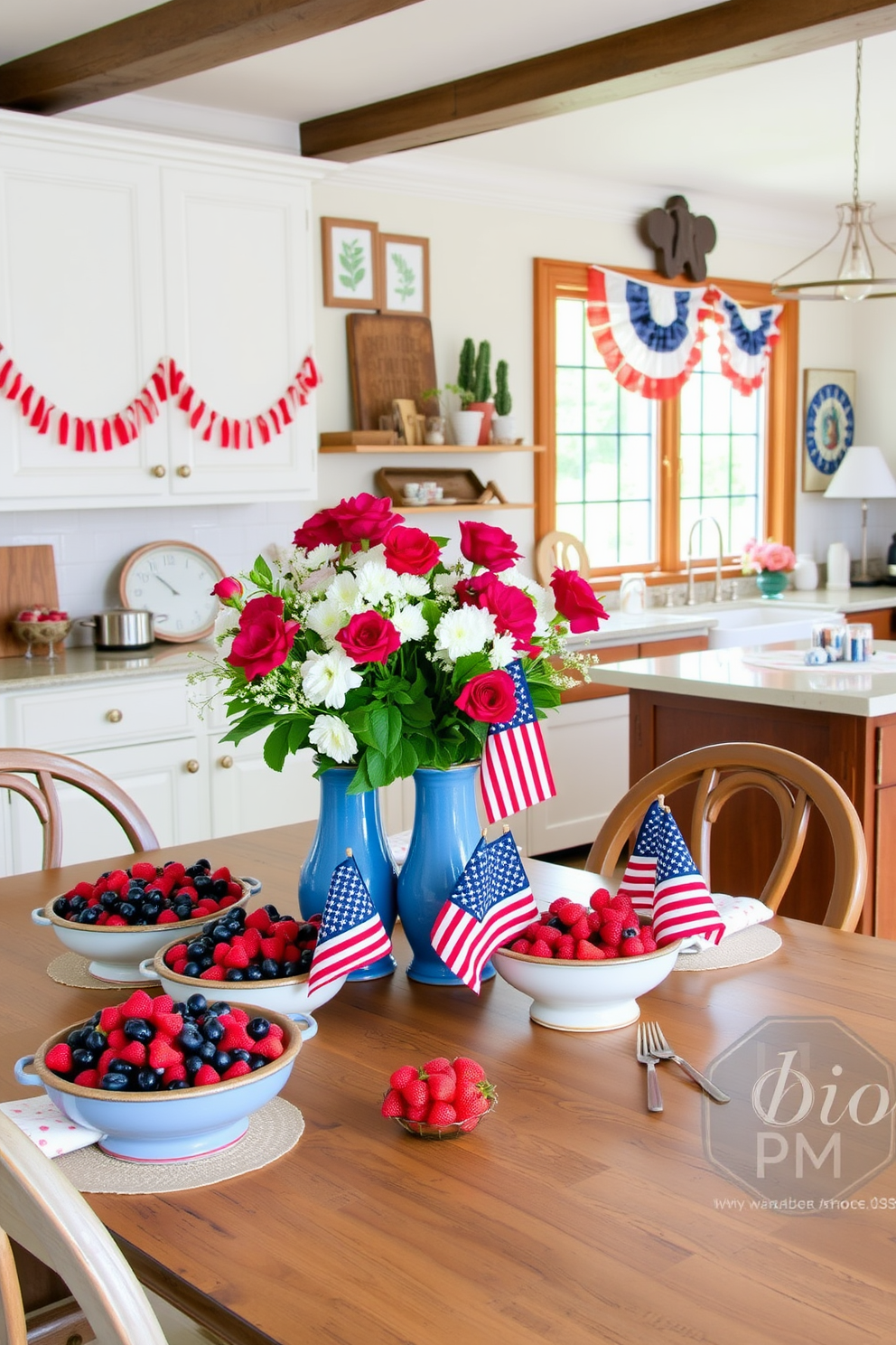 A rustic kitchen setting. Decorative bowls made of ceramic, filled with an assortment of fresh berries, are placed on a wooden farmhouse table. The table is complemented by vintage chairs, and a large window allows natural light to flood the room. The walls are adorned with framed botanical prints, enhancing the kitchen's cozy atmosphere. A festive kitchen ready for Memorial Day celebrations. Red, white, and blue decorations are strategically placed throughout the space, including patriotic bunting draped across the cabinets. The kitchen island features a centerpiece of fresh flowers in a blue vase, surrounded by small American flags. Matching tableware and napkins are set up, creating a cohesive and cheerful holiday theme.