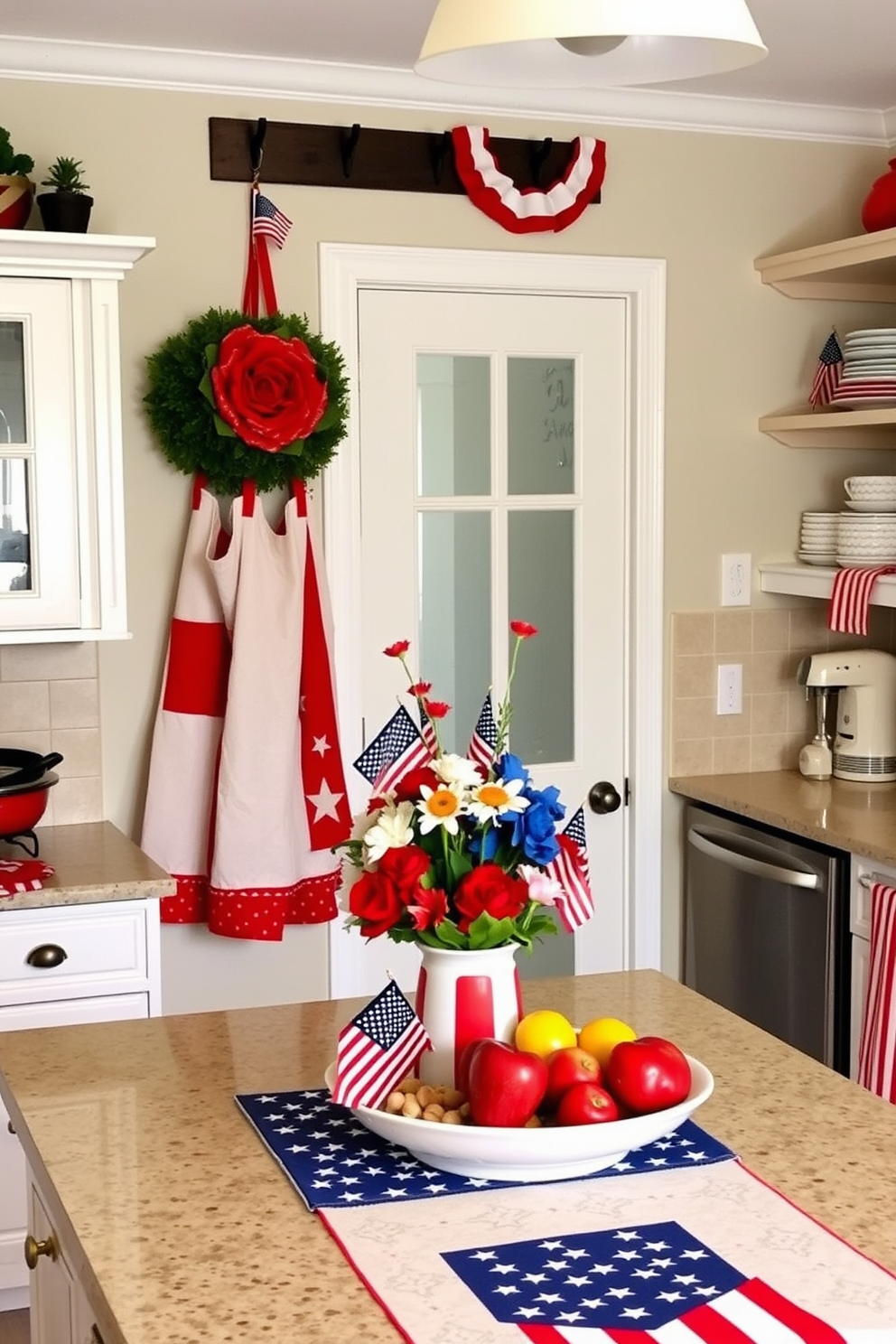 A charming kitchen setup adorned for Memorial Day. Red, white, and blue aprons hang neatly on hooks by the entrance, each featuring stars, stripes, and patriotic motifs. The countertops are decorated with small American flags and themed dishware. A vase filled with red, white, and blue flowers sits in the center of the kitchen island, alongside a bowl of fresh fruits and a flag-themed tablecloth.