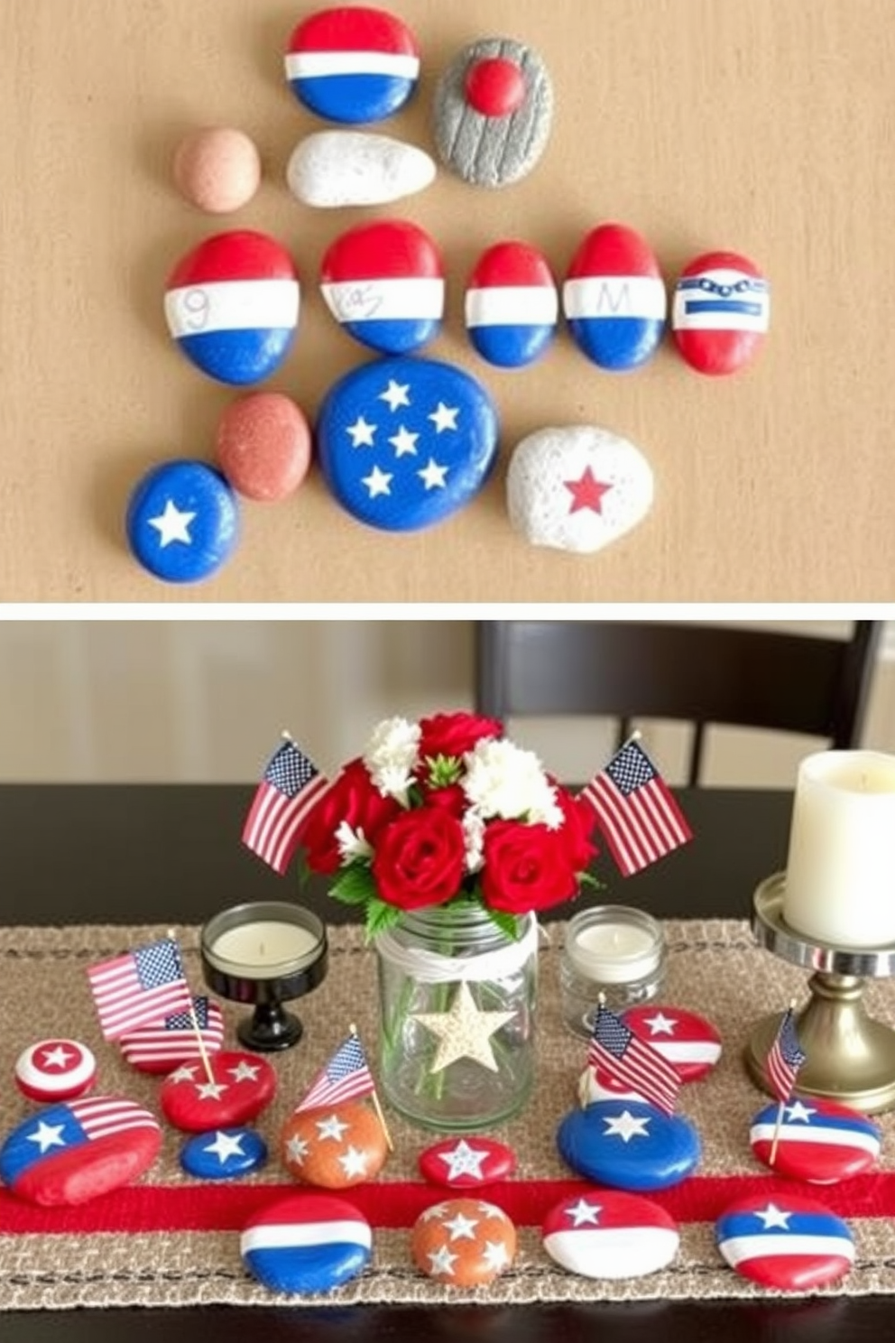 DIY painted rocks with patriotic symbols. Arrange smooth, flat rocks in varying sizes, and paint them with vibrant red, white, and blue colors. Add symbols like stars, stripes, and the American flag to each rock, using fine brushes for detailed designs. Memorial Day Kitchen Decorating Ideas. Transform your kitchen with a festive red, white, and blue theme, incorporating table runners, dish towels, and placemats in patriotic colors. Display a centerpiece of fresh flowers in a mason jar, surrounded by miniature American flags and decorative candles for a warm, celebratory atmosphere.