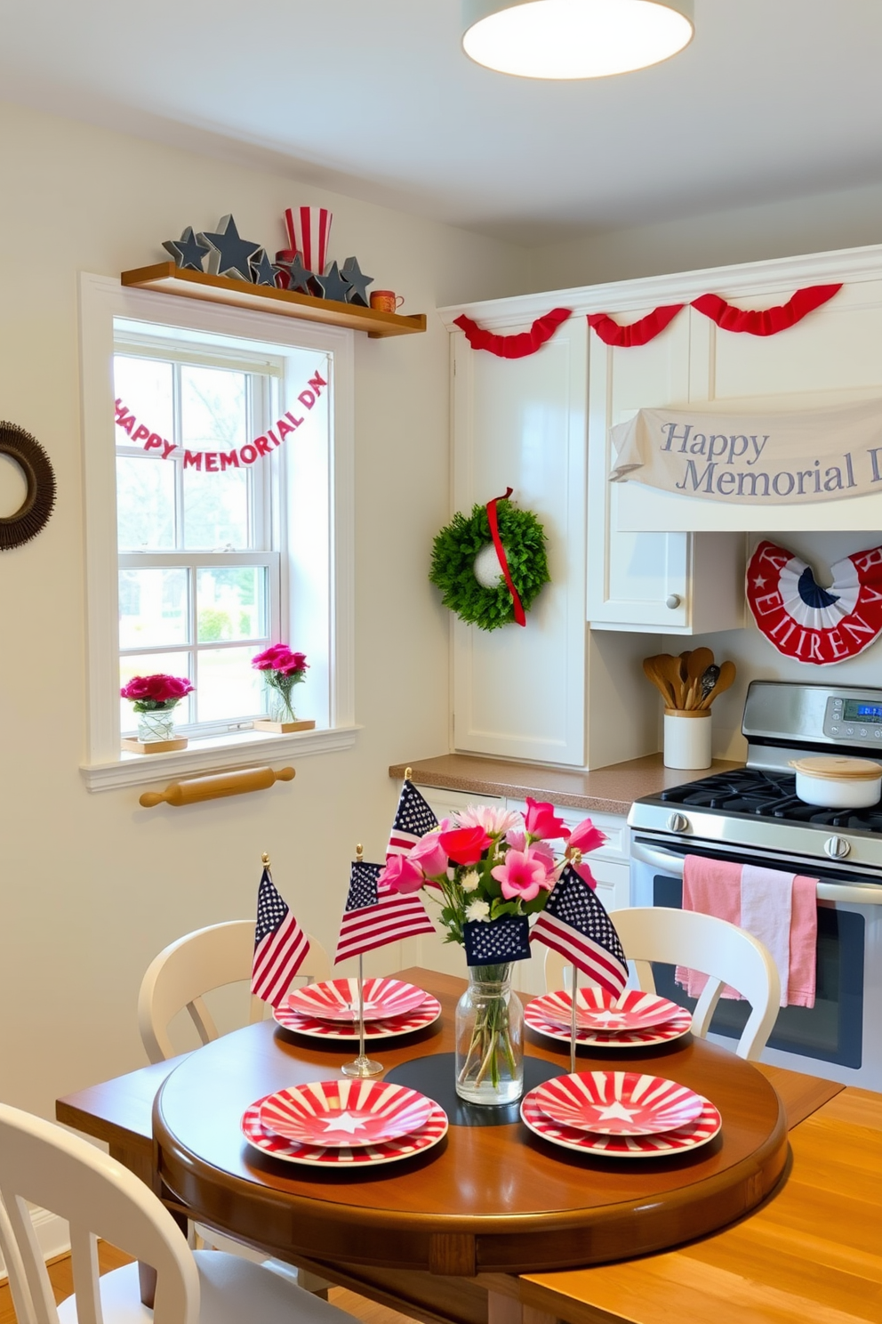 A cozy kitchen setting. Star-shaped cookie cutters are neatly displayed on a wooden shelf above the countertop, adding a touch of whimsy to the space. The countertop features a mix of baking ingredients and utensils, with a rolling pin and a bowl of cookie dough ready for use. The walls are painted in a soft pastel shade, and a large window lets in plenty of natural light, enhancing the cheerful atmosphere. A festive kitchen adorned for Memorial Day. Red, white, and blue decorations are tastefully arranged throughout the space, with patriotic bunting hanging above the window and small American flags placed in a vase on the island. The dining table is set with themed tableware, including star-spangled plates and napkins, and a centerpiece featuring fresh flowers in patriotic colors. The cabinets are painted a crisp white, providing a clean backdrop for the vibrant decorations, and a banner reading 