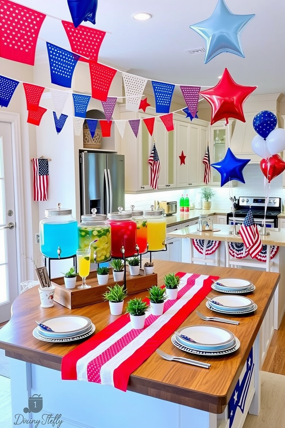 A festive drink station adorned with colorful flags. A wooden table is set up with an array of drinks in glass dispensers, surrounded by small potted plants and fairy lights, while vibrant flags hang above, creating a joyful atmosphere. A Memorial Day kitchen decorated with patriotic flair. The kitchen island features a red, white, and blue table runner, with matching napkins and plates, while American flags and star-shaped balloons add a celebratory touch to the space.