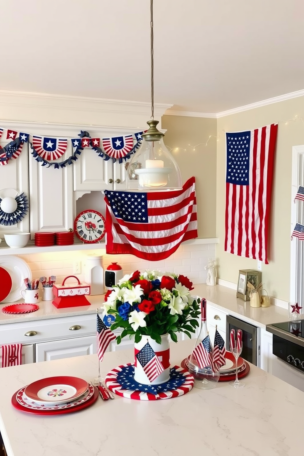 A cozy kitchen adorned for Memorial Day celebrations. Star-spangled banner garlands hang gracefully over white cabinets, adding a festive touch to the space. Red, white, and blue accents are scattered throughout, including a centerpiece on the island with a bouquet of fresh flowers in patriotic colors. The countertops are decorated with themed dishware and utensils, while a large American flag is displayed prominently on one wall. A cheerful atmosphere is created with string lights and small American flags placed in various nooks, making the kitchen the heart of the celebration.