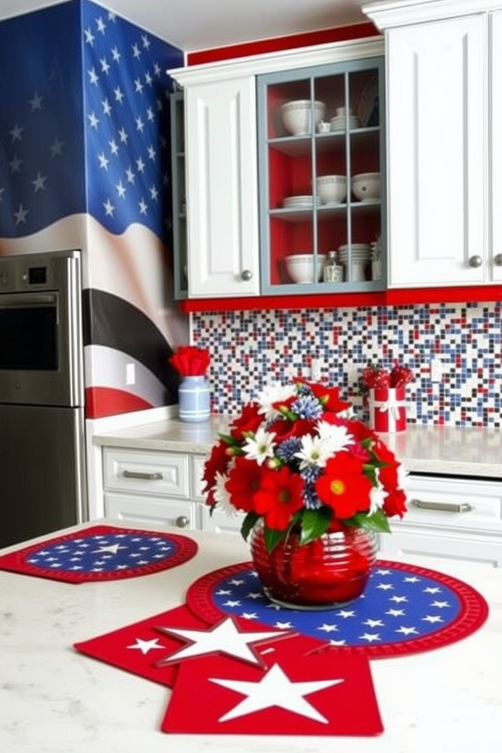 A vibrant kitchen adorned with American flag-themed decor. The walls feature a large mural of the flag, and the cabinets are painted in patriotic red, white, and blue. On the countertop, there are star-spangled placemats and a centerpiece with red, white, and blue flowers. The backsplash is a mosaic of small tiles in the colors of the American flag, adding a festive touch.