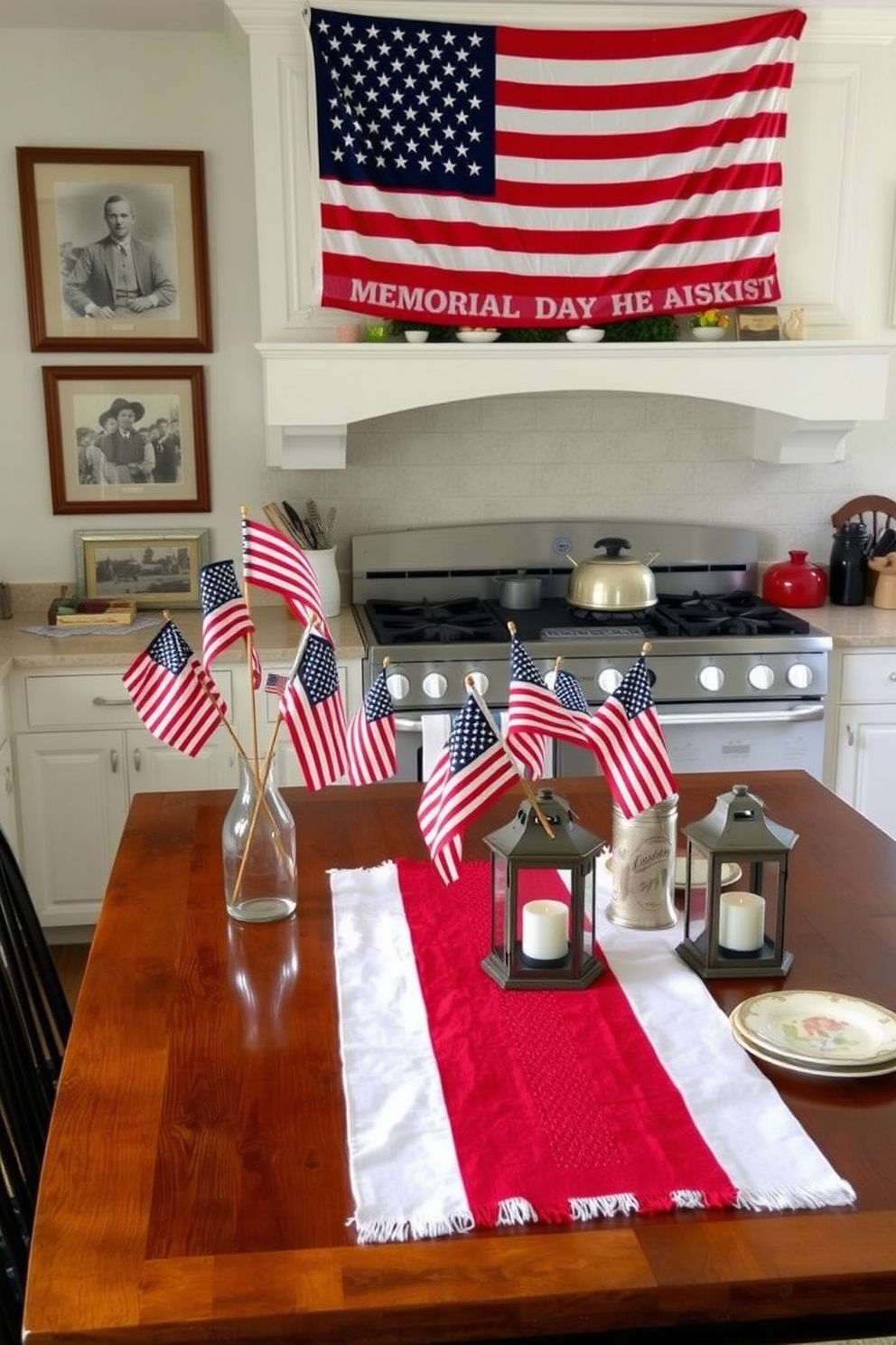 A cozy kitchen setup that celebrates Memorial Day with a touch of vintage charm. A wooden dining table is adorned with vases holding small, vintage American flags, evoking a sense of nostalgia and patriotism. The kitchen island features a red, white, and blue table runner, with rustic lanterns and antique plates arranged neatly. Walls are decorated with framed historical prints, and a large flag hangs proudly above the stove, completing the festive and heartfelt atmosphere.