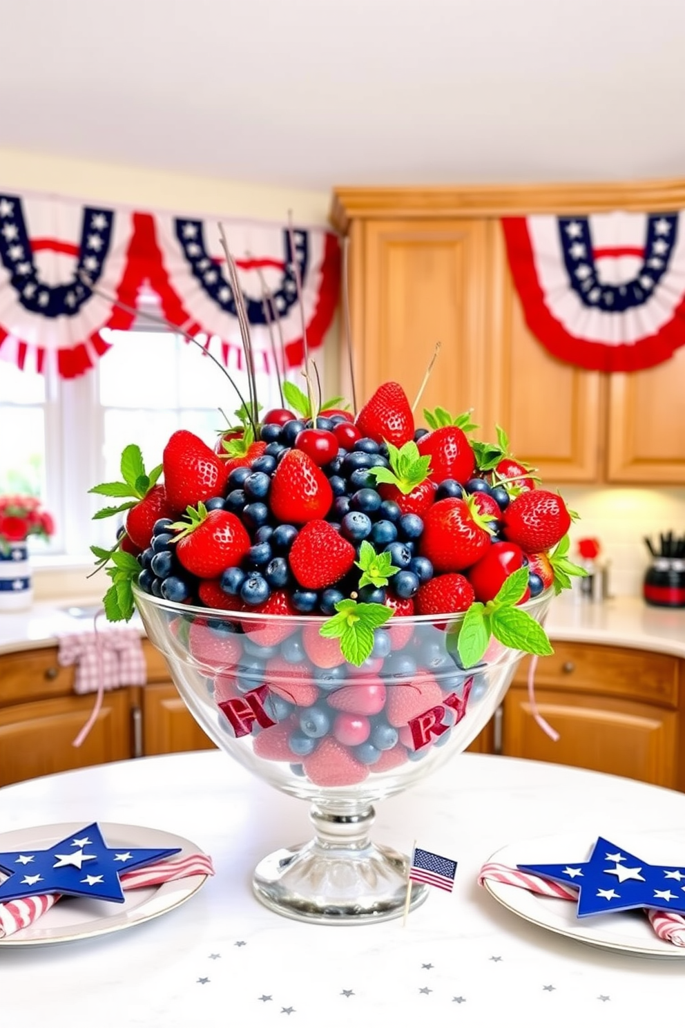 A vibrant centerpiece featuring an assortment of red and blue fruits. The arrangement includes strawberries, blueberries, raspberries, and cherries, all artfully displayed in a large, clear glass bowl, accented with sprigs of mint for a fresh touch. A Memorial Day kitchen adorned with patriotic flair. Red, white, and blue bunting drapes across the windows, while the countertops are decorated with themed tableware, including star-spangled plates and napkins.