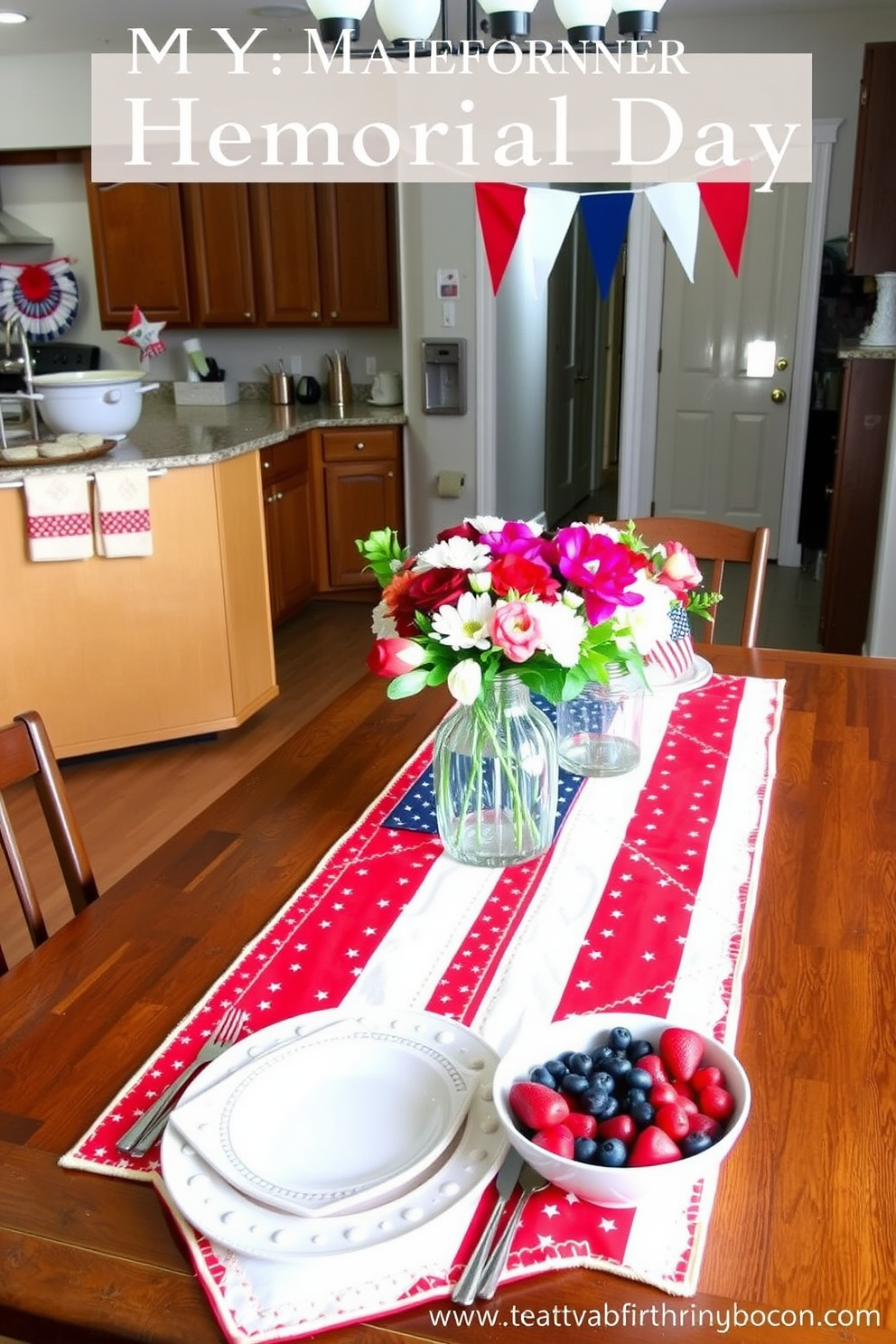 Create a vibrant DIY flag-themed table runner for Memorial Day. Use red, white, and blue fabrics to craft a patchwork design, incorporating stars and stripes for a patriotic feel. Add a touch of elegance with gold-threaded stitching along the seams. Place the runner on a wooden table, complemented by simple white dishware and fresh flowers in a clear vase. Transform your kitchen with Memorial Day decorations that celebrate the holiday spirit. Hang a banner with red, white, and blue pennants above the kitchen island. Use themed dish towels, pot holders, and tablecloths to add festive touches. Place a centerpiece of fresh flowers in patriotic colors on the kitchen table, and set out a bowl of seasonal fruits like strawberries and blueberries.