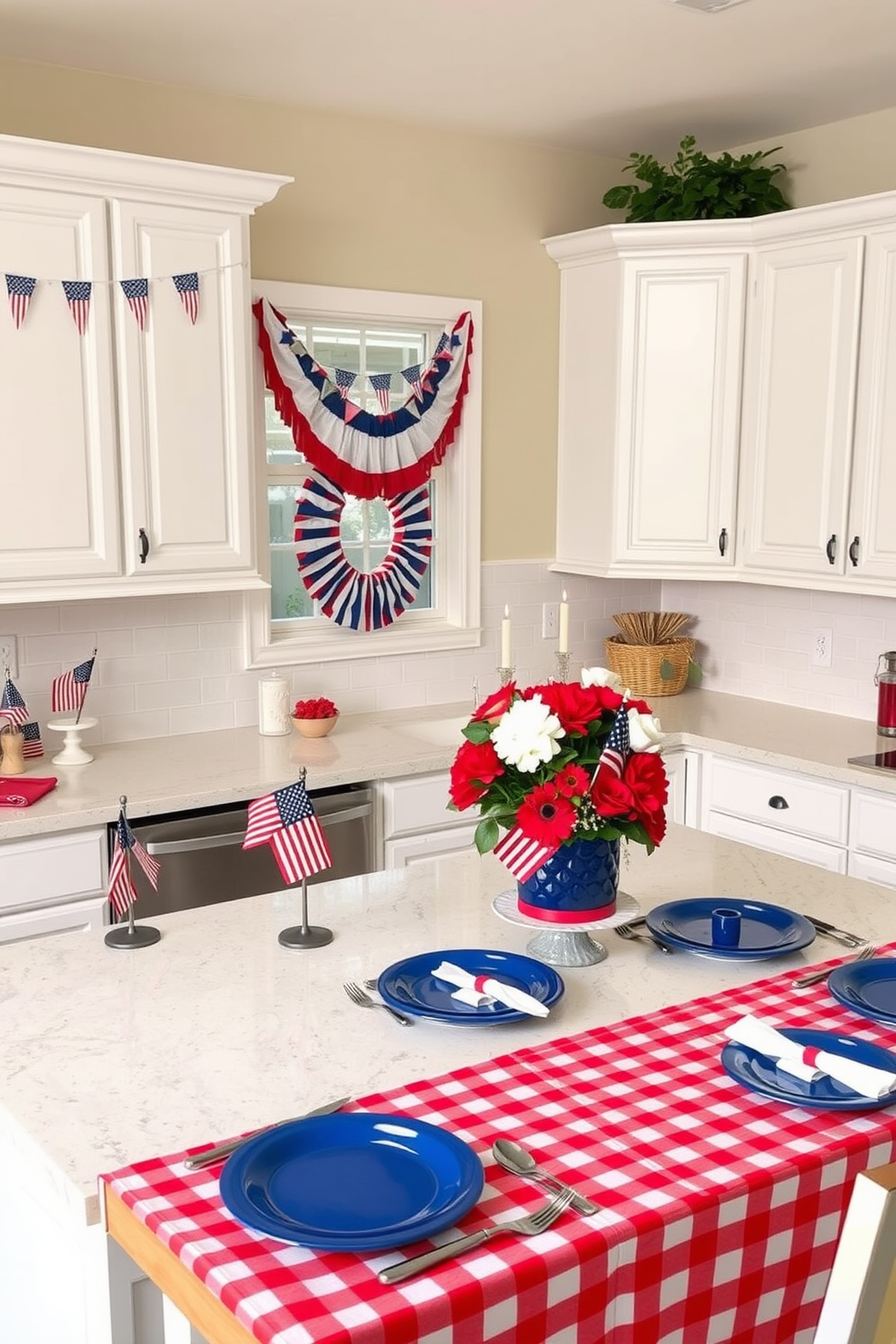 A bright and festive kitchen setup, adorned with colorful bunting draped along the countertops. The bunting features red, white, and blue flags, creating a vibrant and patriotic atmosphere. The countertops are decorated with Memorial Day-themed items such as small American flags, star-shaped candle holders, and a centerpiece of red, white, and blue flowers. The kitchen island is set with a picnic-style spread, including a red-checkered tablecloth, blue plates, and white napkins, ready for a celebratory feast.