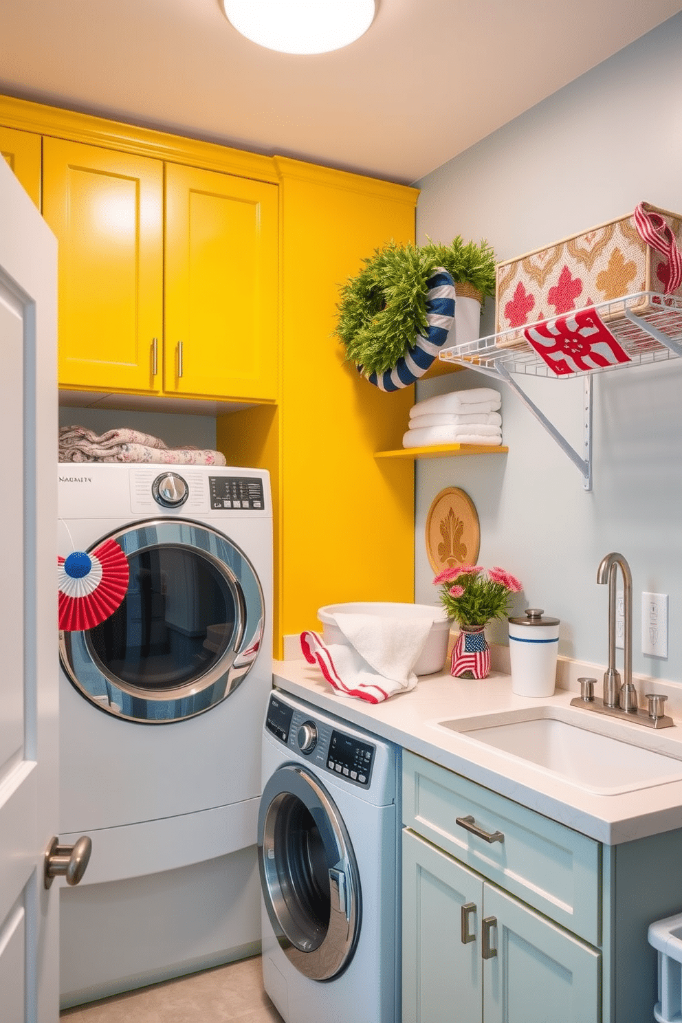 Brighten the laundry room with cheerful colors that evoke a sense of freshness and joy. Incorporate vibrant yellow cabinets and soft blue walls to create a lively atmosphere. Add functional elements such as a spacious countertop for folding clothes and a stylish drying rack. Decorate with seasonal touches like red, white, and blue accents to celebrate Memorial Day.