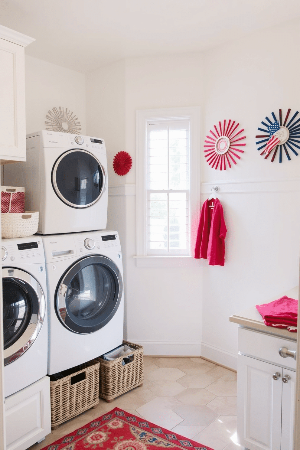 A bright and functional laundry room featuring a spacious countertop for folding clothes. The walls are adorned with colorful decorative wall art pieces that celebrate Memorial Day, adding a festive touch to the space. In one corner, there is a modern washer and dryer stacked for efficiency, with stylish baskets underneath for storage. The floor is covered in a durable, easy-to-clean tile, and a cheerful rug adds warmth to the room.