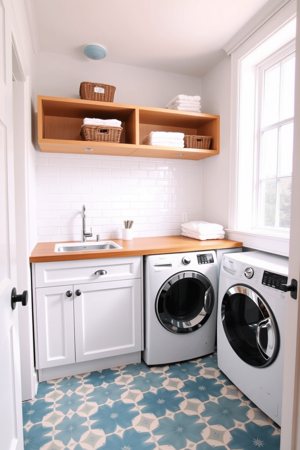 A bright and inviting laundry room featuring patterned tile flooring in shades of blue and white. The space includes a modern washer and dryer set side by side, with a wooden countertop above for folding clothes. Above the countertop, open shelving displays neatly folded towels and decorative baskets. A large window allows natural light to flood the room, enhancing the cheerful atmosphere.