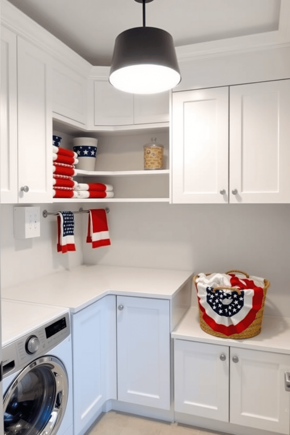 A modern laundry room featuring a sleek design with bright white cabinetry and a spacious countertop. The room is illuminated by a contemporary light fixture that adds a touch of elegance and functionality. Decorative elements include patriotic-themed accents for Memorial Day, such as red, white, and blue towels neatly arranged on the shelves. A stylish basket for laundry is placed in one corner, enhancing both organization and aesthetic appeal.