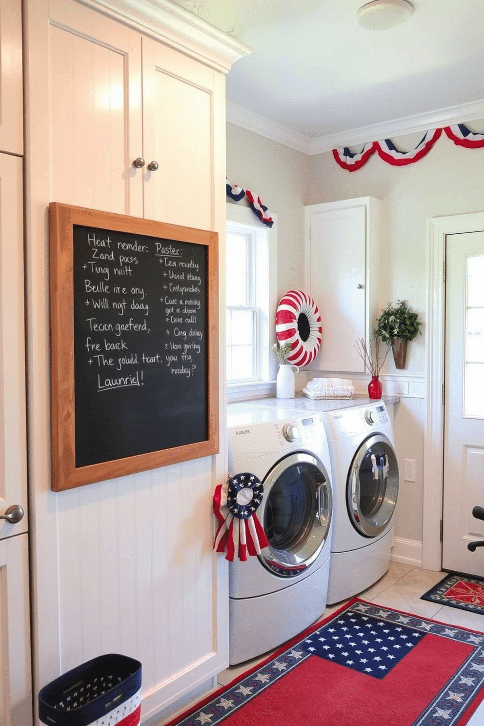 A functional laundry room featuring a large chalkboard mounted on the wall for reminders and notes. The space is bright and airy, with white cabinetry and a farmhouse sink, creating a welcoming environment. For Memorial Day, the laundry room is decorated with red, white, and blue accents. Festive bunting hangs above the windows, and a patriotic-themed rug lies underfoot, adding a touch of holiday spirit.