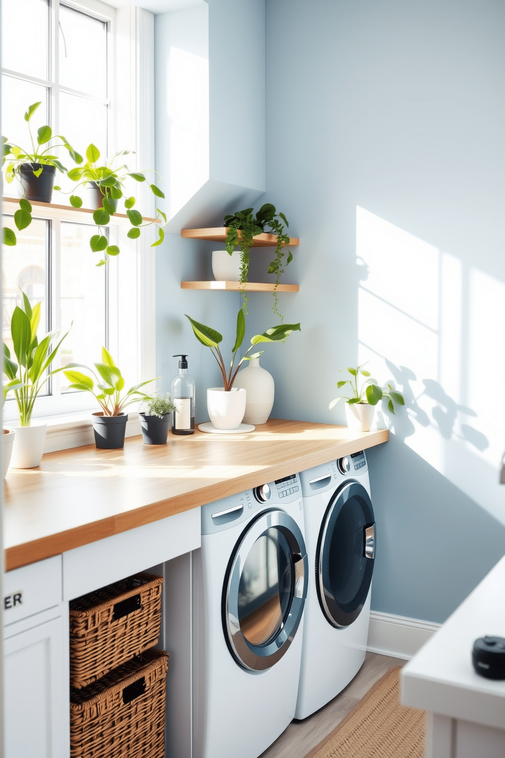 A bright and airy laundry room filled with natural light. Green potted plants are placed on the windowsill and shelves, adding a touch of freshness to the space. The walls are painted in a soft blue hue, creating a calming atmosphere. A stylish wooden countertop holds a modern washing machine and dryer, with decorative baskets neatly arranged underneath.