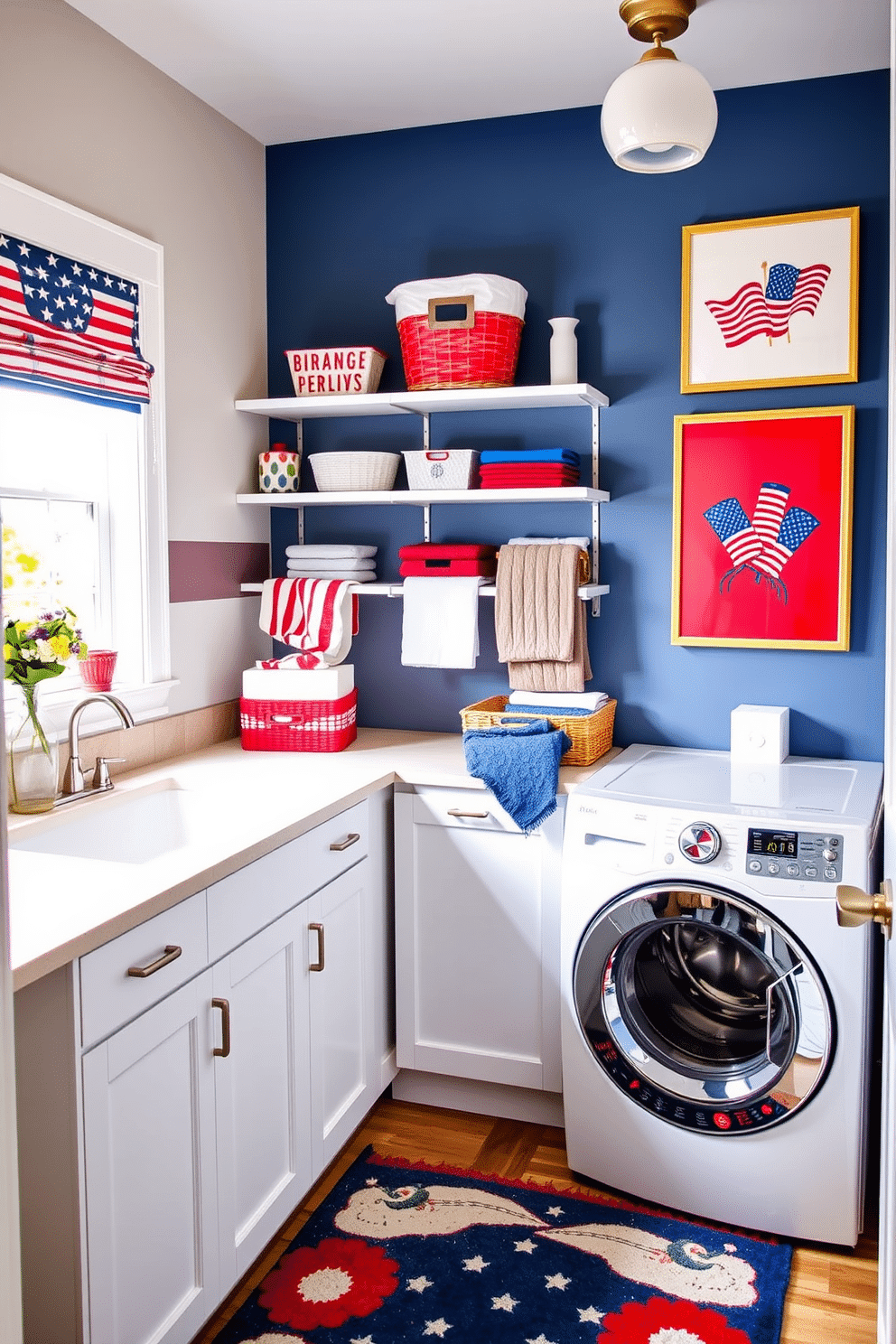 A stylish laundry room designed for Memorial Day celebrations. The space features a cheerful color palette with red, white, and blue accents, including a fun rug that adds warmth and comfort underfoot. A spacious countertop made of durable material allows for folding clothes, while open shelving displays decorative baskets and seasonal decor. Bright artwork depicting patriotic themes adorns the walls, creating a festive atmosphere perfect for the holiday.