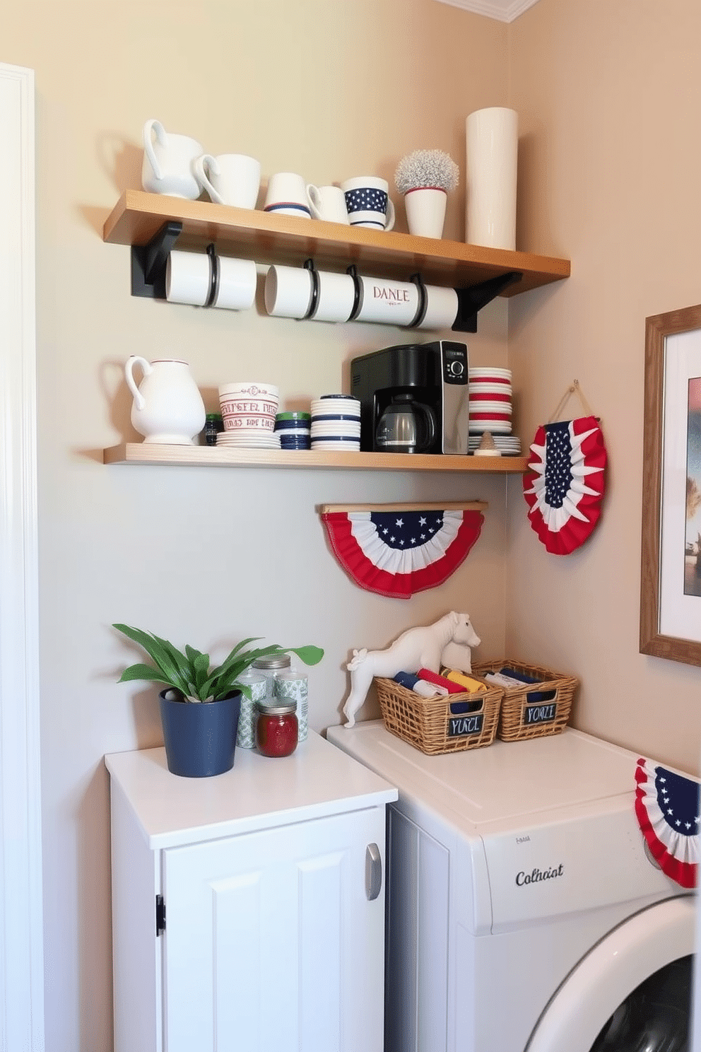 A charming mini coffee station features a sleek wooden shelf adorned with an assortment of coffee mugs and a stylish coffee maker. Below the shelf, a small cabinet holds various coffee supplies, while a potted plant adds a touch of greenery to the space. For Memorial Day laundry room decorating ideas, incorporate red, white, and blue accents throughout the room. Hang patriotic-themed artwork on the walls and use decorative baskets to organize laundry supplies, creating a festive and functional atmosphere.