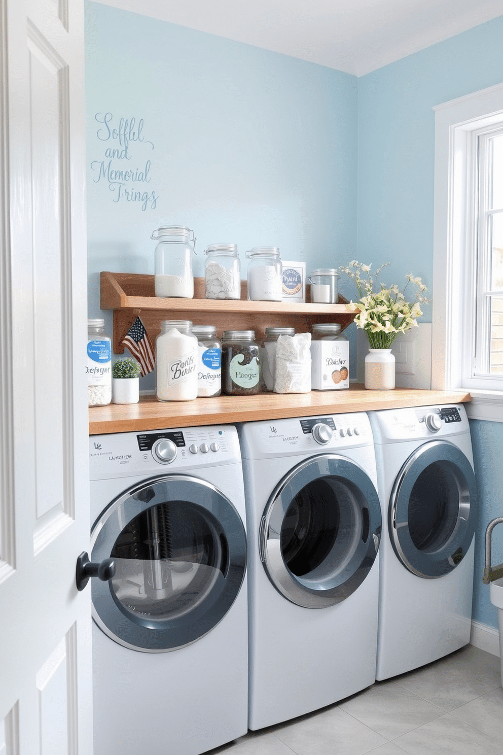 Create a bright and airy laundry room featuring glass jars filled with various laundry supplies such as detergent, fabric softener, and dryer sheets. The walls are painted in a soft blue hue, and the floor is adorned with light gray tiles, creating a fresh and clean atmosphere. Incorporate a rustic wooden shelf above the countertop to display the glass jars, adding a touch of warmth to the space. A large window allows natural light to flood in, enhancing the inviting feel of this Memorial Day-inspired laundry room.