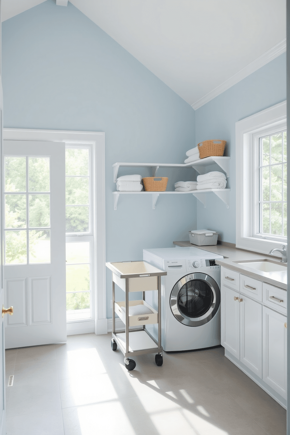 A bright and airy laundry room featuring a large window that allows natural light to flood the space. The walls are painted in a soft blue hue, creating a calming atmosphere, while the floor is covered in light gray tiles. In the center of the room, a stylish laundry cart on wheels is placed for easy transport of clothes. Shelves above the washer and dryer are lined with neatly folded towels and decorative storage baskets, adding both functionality and charm to the space.