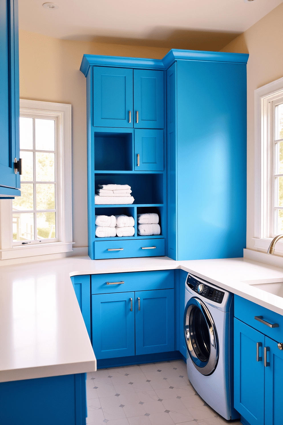 A vibrant laundry room featuring bright blue cabinets that add a cheerful pop of color. The cabinets are complemented by a sleek white countertop and stylish open shelving displaying neatly folded towels. The walls are painted in a soft pastel shade, enhancing the overall brightness of the space. A large window allows natural light to flood the room, creating an inviting atmosphere for laundry tasks.