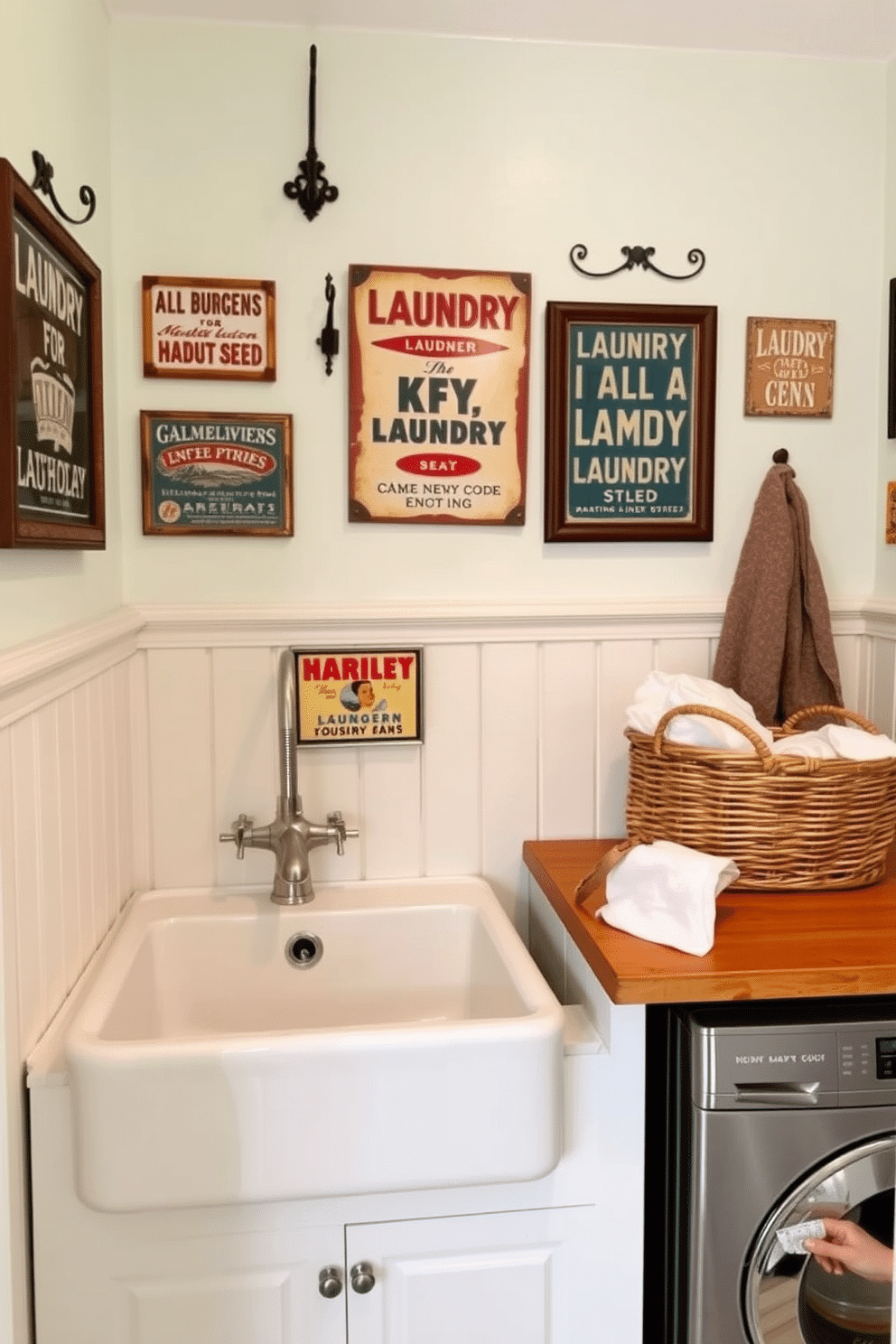 A charming laundry room filled with vintage laundry signs that evoke a sense of nostalgia. The walls are painted in a soft pastel hue, adorned with framed retro laundry advertisements and decorative hooks for hanging clothes. The space features a classic farmhouse sink with a brushed nickel faucet and a wooden countertop. A wicker basket filled with fresh linens sits beside the sink, while a vintage-style washing machine adds character to the room.