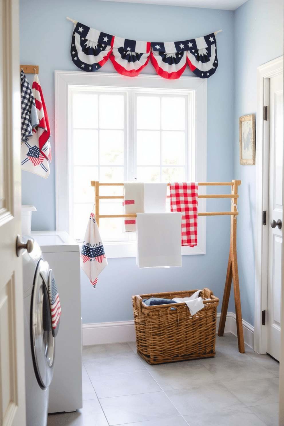 A bright and airy laundry room with a stylish drying rack made of natural wood, positioned near a large window that lets in plenty of natural light. The walls are painted in a soft blue hue, creating a calming atmosphere, while the floor features light gray tiles that are easy to clean. Incorporate decorative elements for Memorial Day, such as red, white, and blue accents in the form of patterned towels and a festive banner hanging above the drying rack. A vintage wicker basket is placed on the floor to hold freshly laundered clothes, adding a touch of charm to the space.