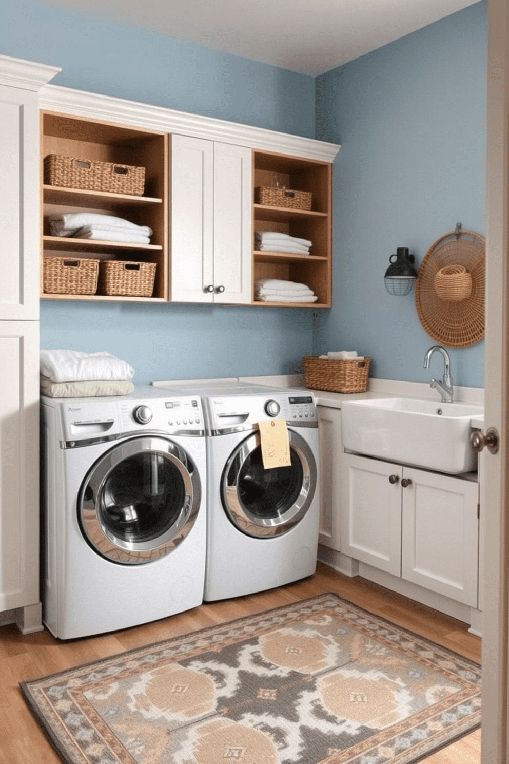 A multi-use laundry space that combines functionality and style. The room features built-in cabinets for storage, a countertop for folding clothes, and a utility sink for quick clean-ups. The walls are painted a soft blue to create a calming atmosphere. A stylish rug adds warmth, while decorative baskets keep essentials organized and easily accessible.