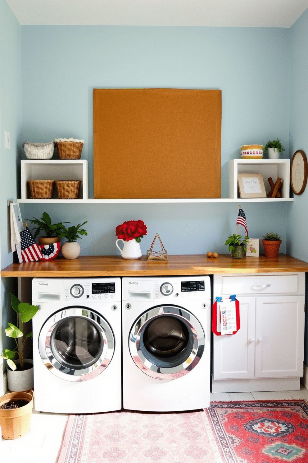 A bright and cheerful laundry room featuring a large bulletin board area above a rustic wooden countertop. The walls are painted in a soft blue hue, and decorative baskets are neatly arranged on open shelves, providing both style and functionality. A vintage washing machine and dryer set are positioned side by side, accented by a patriotic theme for Memorial Day with red, white, and blue decor. Potted plants add a touch of greenery, while a colorful rug underfoot brings warmth to the space.