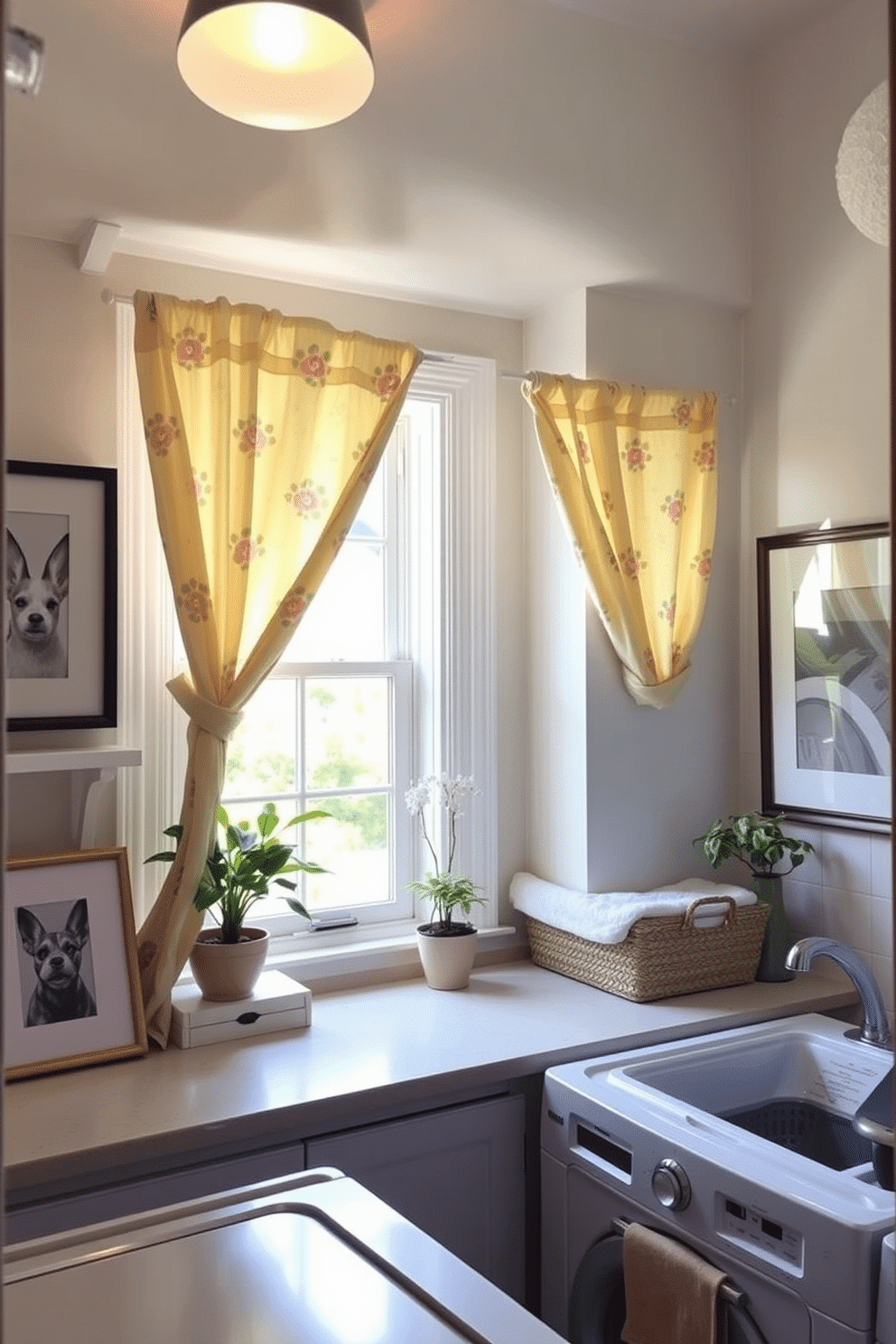 A charming laundry room filled with natural light. Cute curtains in a soft floral pattern hang over the windows, adding a touch of warmth and color to the space. The room features a practical yet stylish layout with a large countertop for folding clothes. Decorative elements such as framed art and potted plants enhance the cozy atmosphere, making laundry day feel more enjoyable.