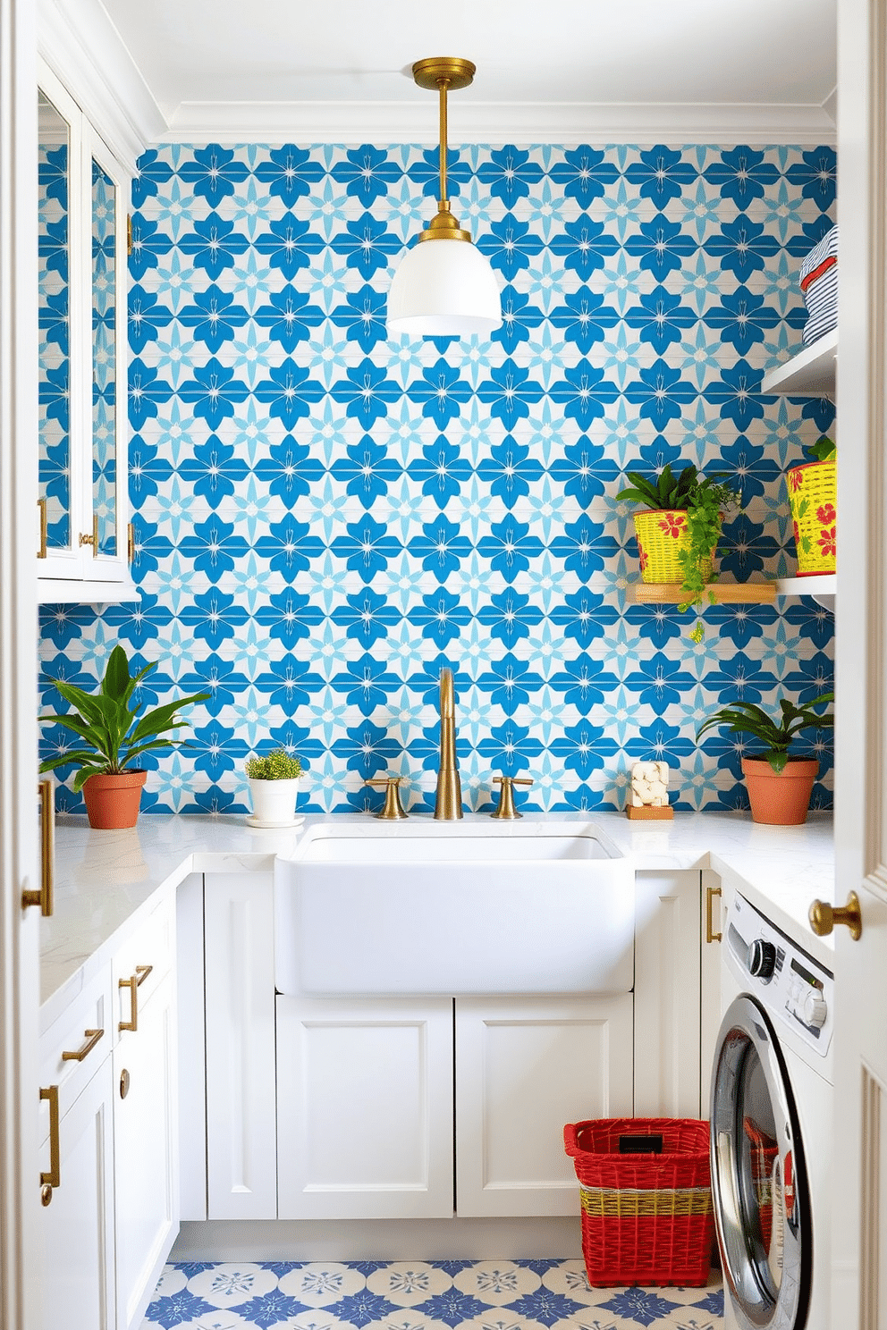 A bright and cheerful laundry room featuring a statement backsplash tile in a vibrant blue and white geometric pattern. The space is enhanced by white cabinetry and a large farmhouse sink, with decorative accents like potted plants and colorful laundry baskets.