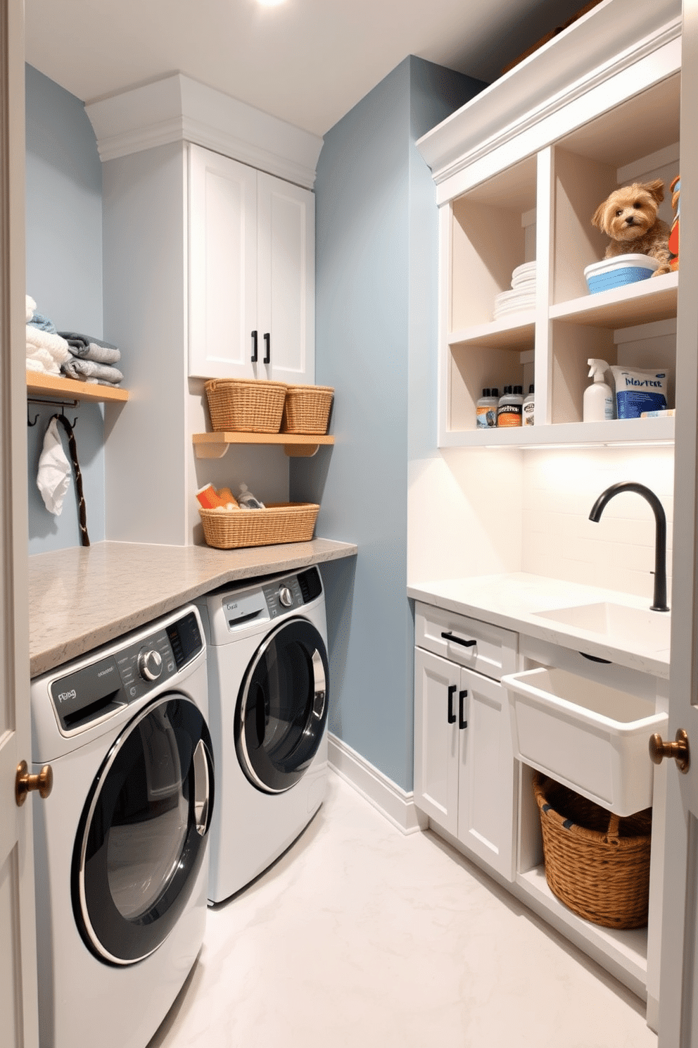 A pet-friendly laundry area designed with functionality and style in mind. The space features a large, durable countertop for folding clothes and a built-in pet washing station with a handheld showerhead. Storage solutions include open shelving for laundry essentials and a dedicated area for pet supplies. The walls are painted in a soft blue hue, and the floor is covered with waterproof vinyl for easy cleaning.