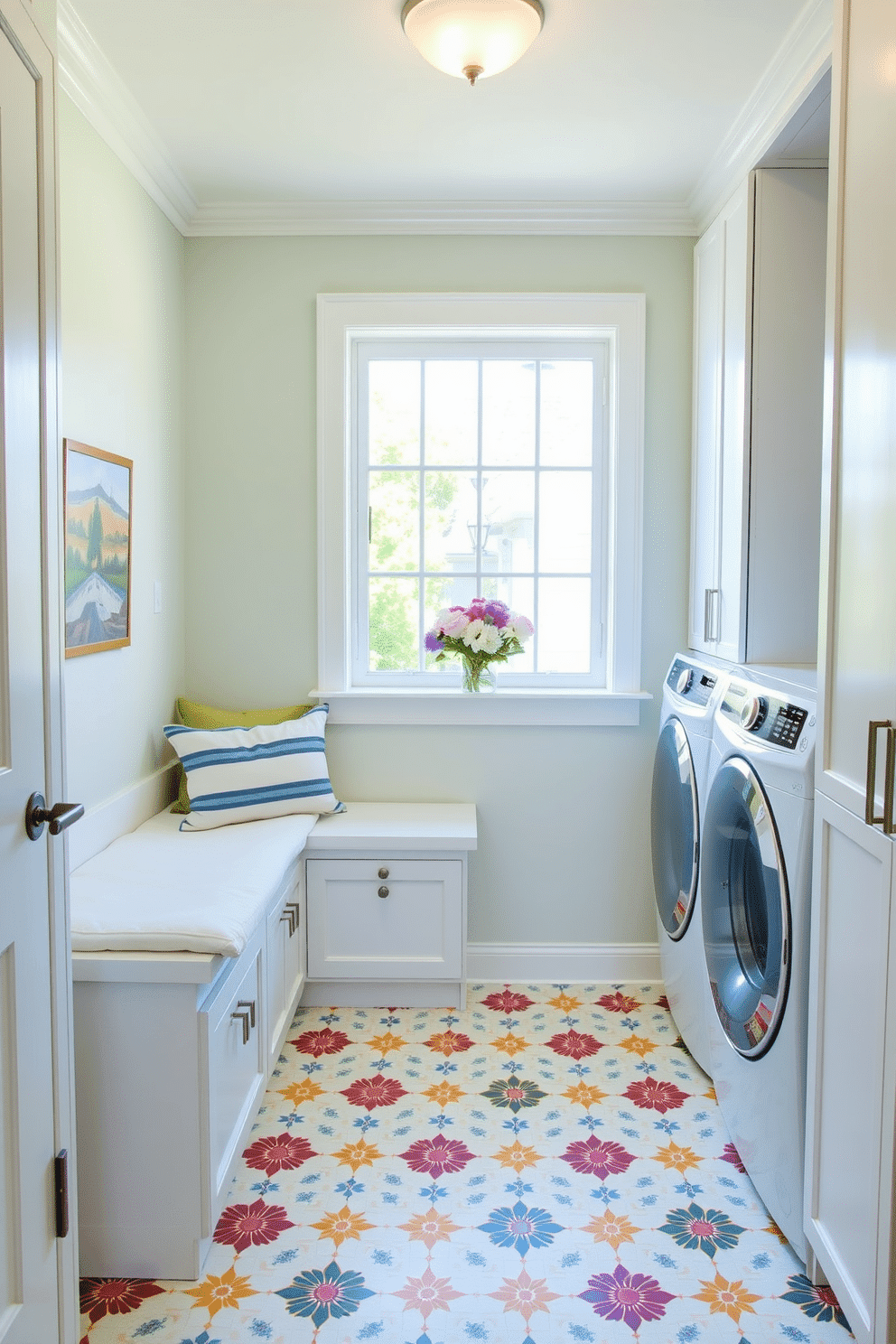 A bright and airy laundry room featuring a built-in bench seat with soft cushions and storage underneath. The walls are painted in a light pastel color, and the floor is adorned with cheerful patterned tiles that evoke a festive Memorial Day theme. To the right of the bench, there are sleek white cabinets for organizing laundry essentials. A large window allows natural light to flood the space, enhancing the inviting atmosphere with fresh flowers displayed on the windowsill.